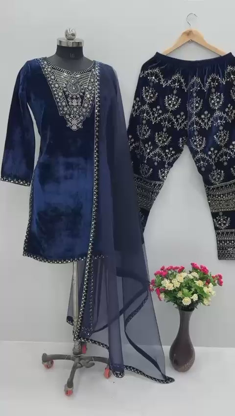 Blue Heavy Viscose Velvet Embroidered Top & Palazzo Set