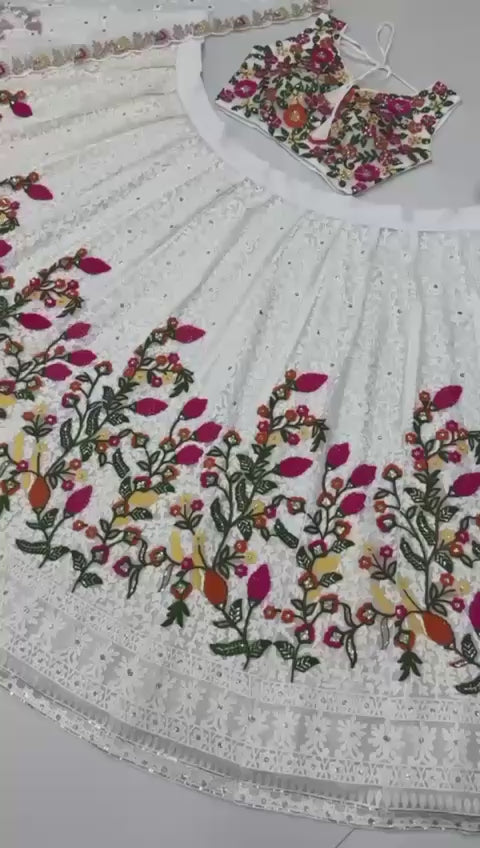 White Heavy Faux Georgette Chine Sequin Work Lehenga Set