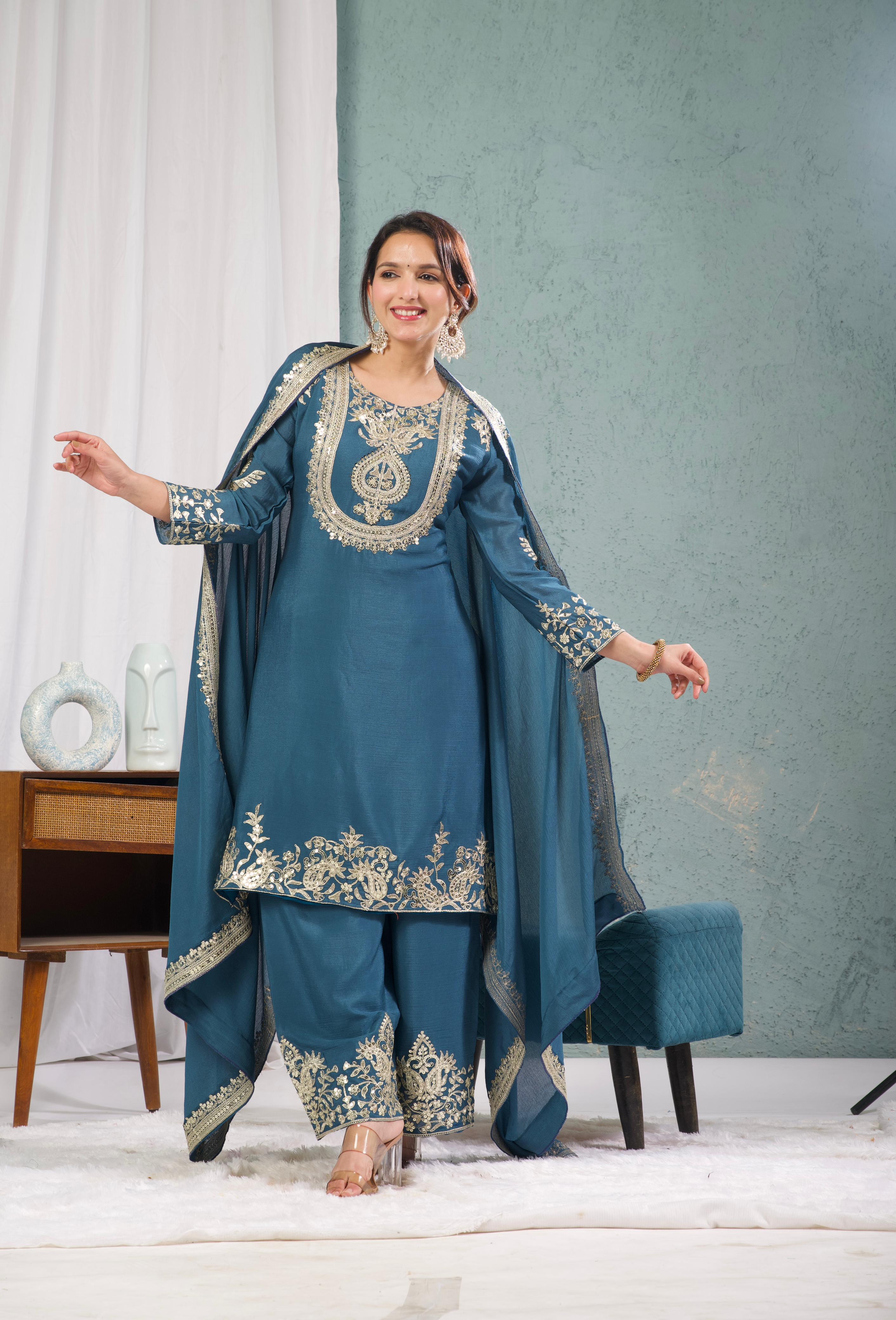 Chinon Silk Sharara Suit with Embroidery Work