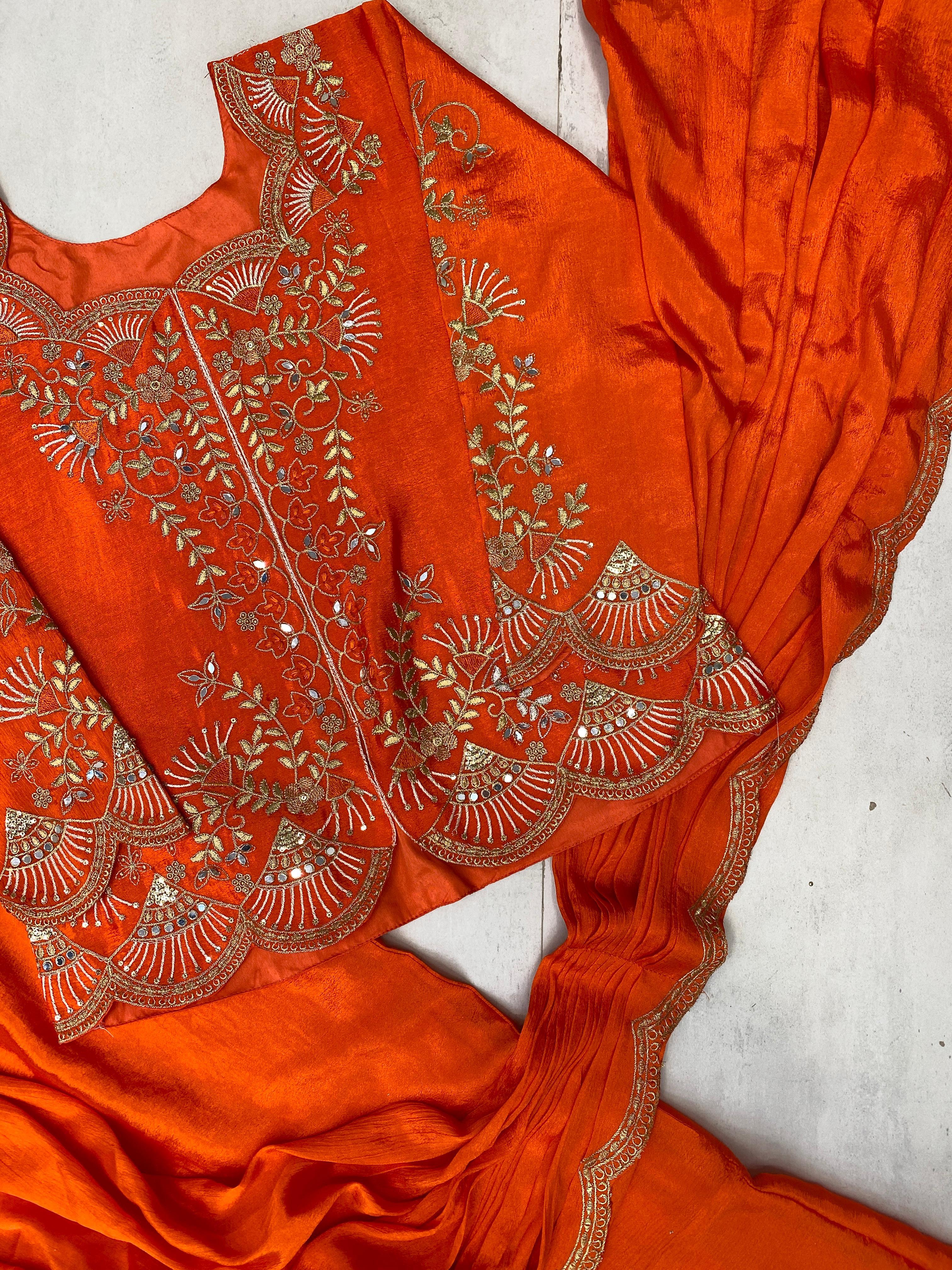 Orange Elegant Chinon Lehenga Saree with Long Blouse & Embroidered Border