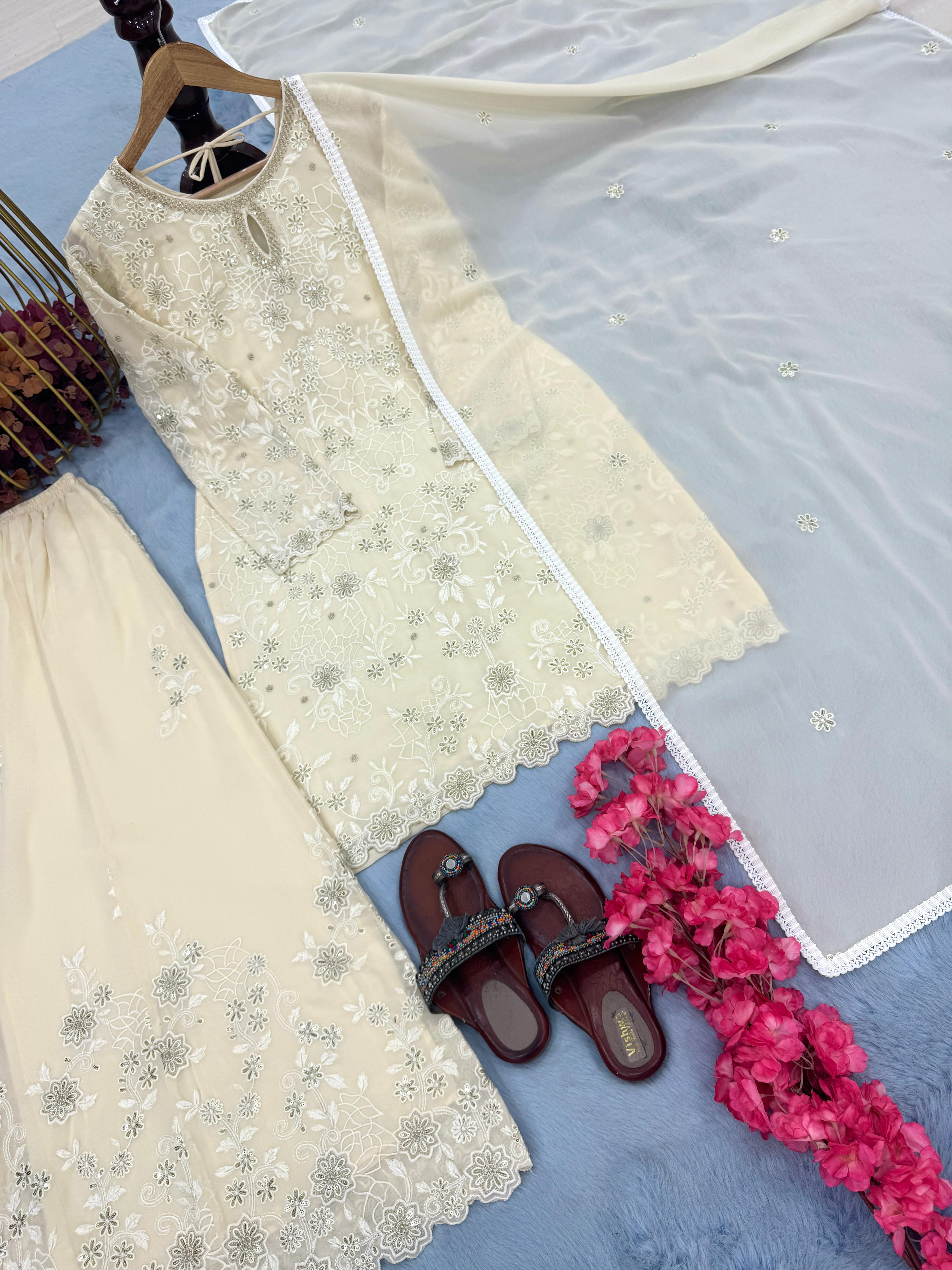 Faux Georgette Embroidery Plazzo Suits