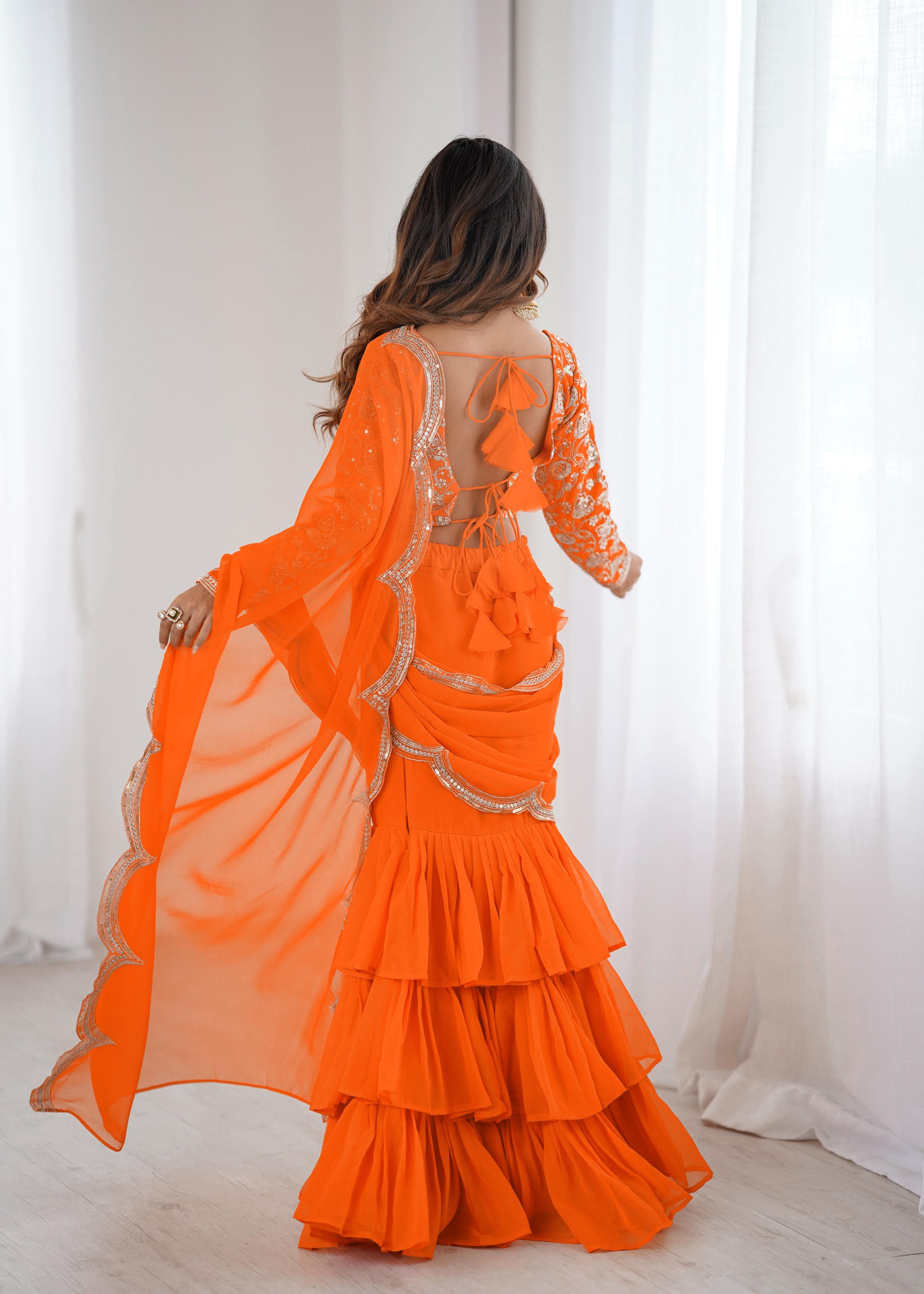 Orange Faux Georgette Ruffle Saree with Sequin Embroidery