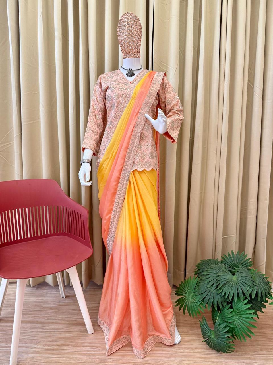 Yellow Indo-Western Drape Saree with Embroidered Koti