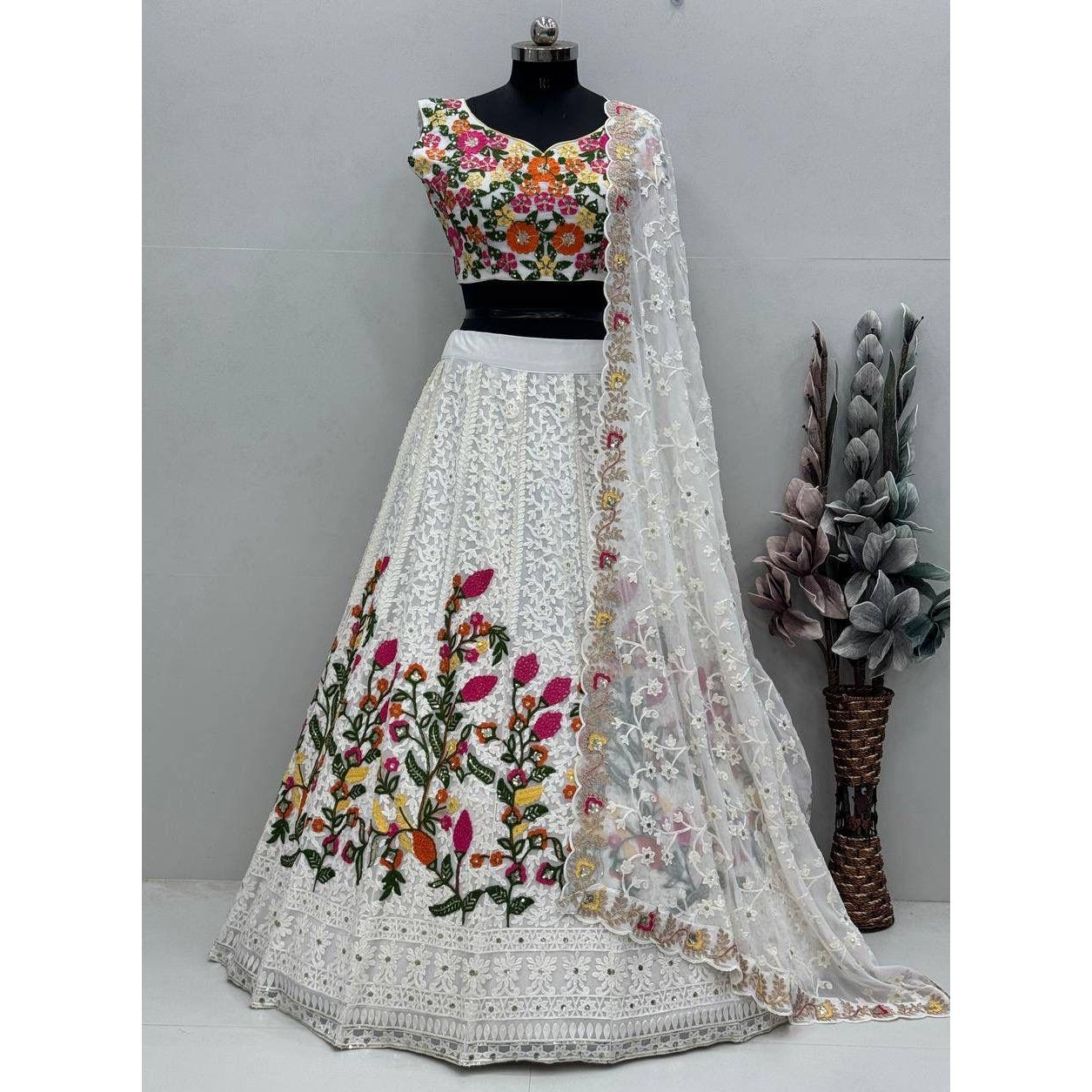 White Heavy Faux Georgette Chine Sequin Work Lehenga Set