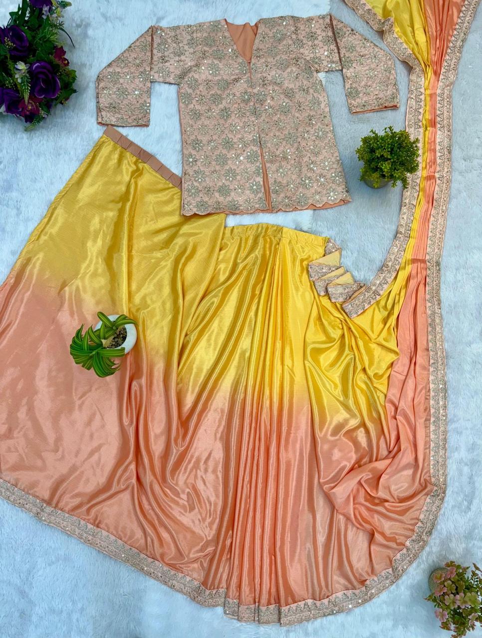 Yellow Indo-Western Drape Saree with Embroidered Koti