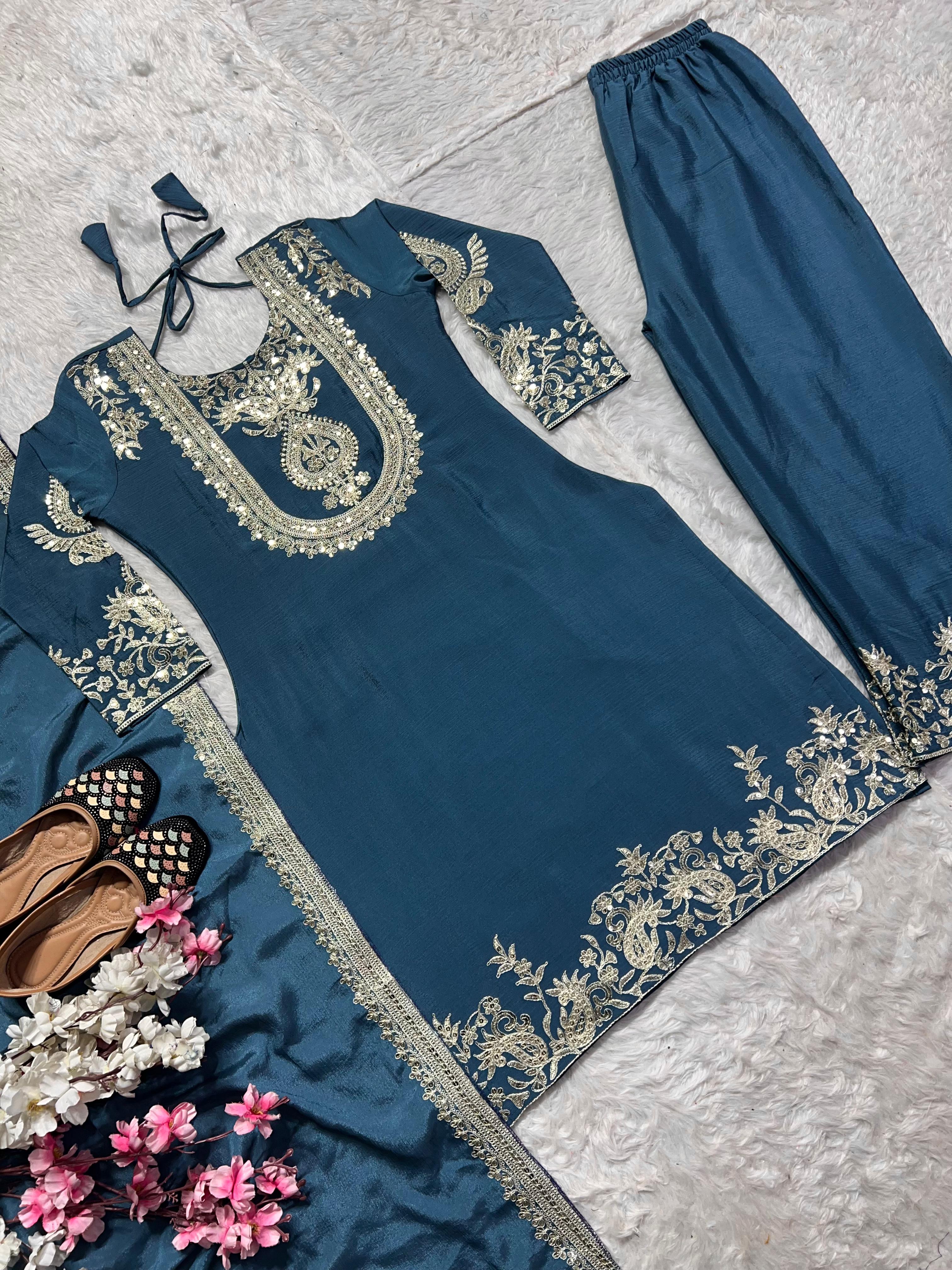 Chinon Silk Sharara Suit with Embroidery Work