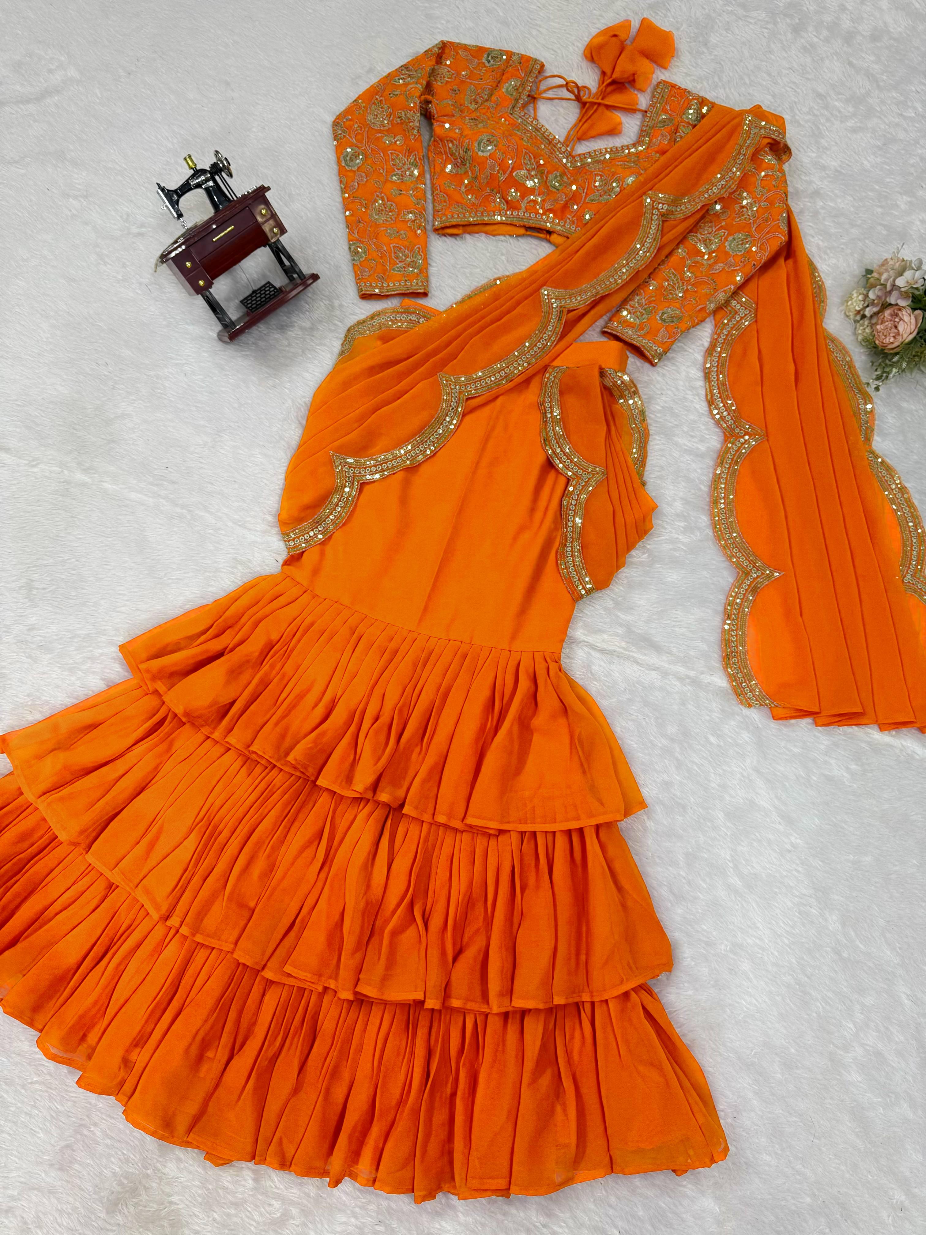 Orange Faux Georgette Ruffle Saree with Sequin Embroidery