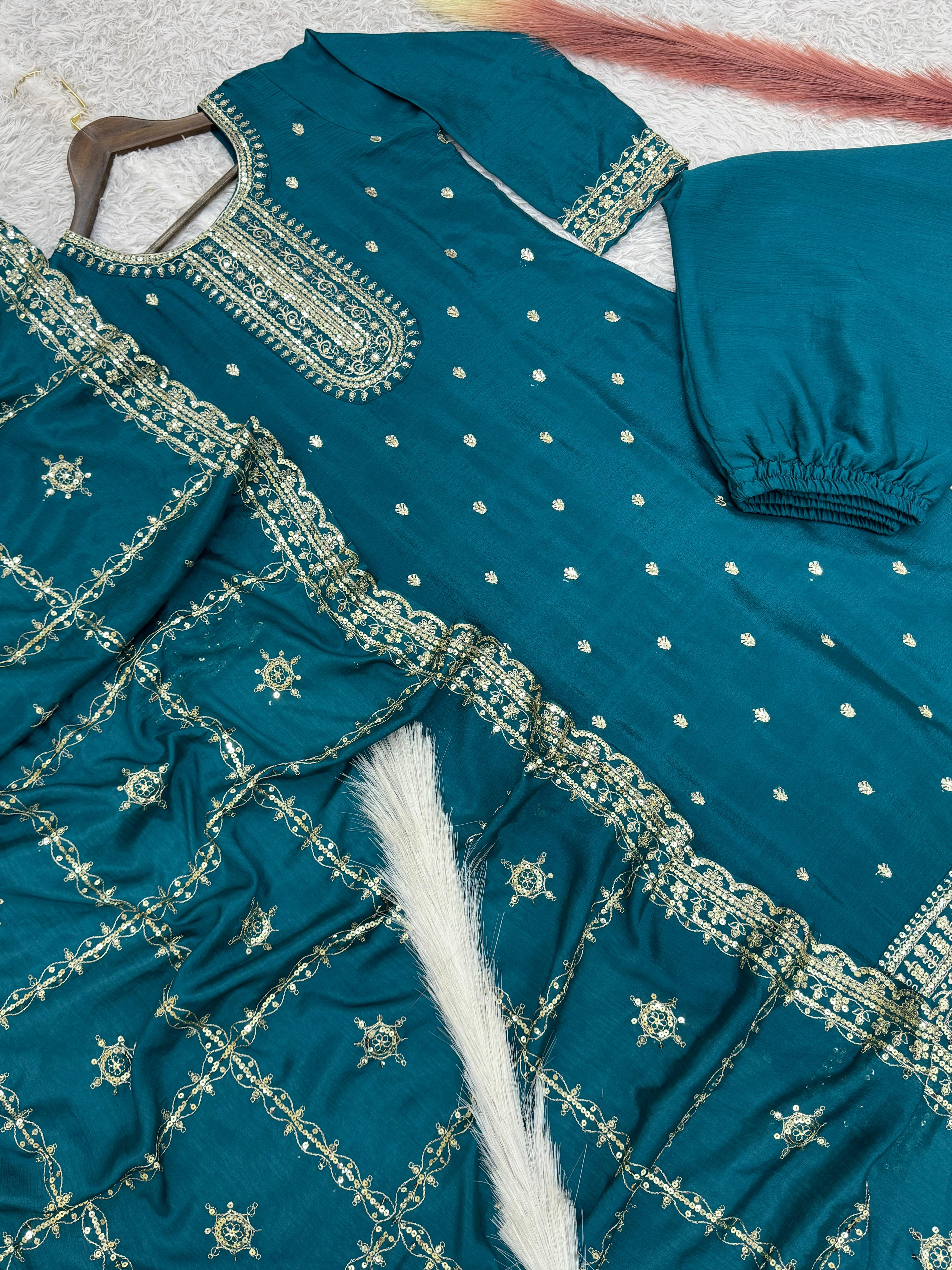 Blue Chinon Silk Embroidery Suit with Pant & Dupatta