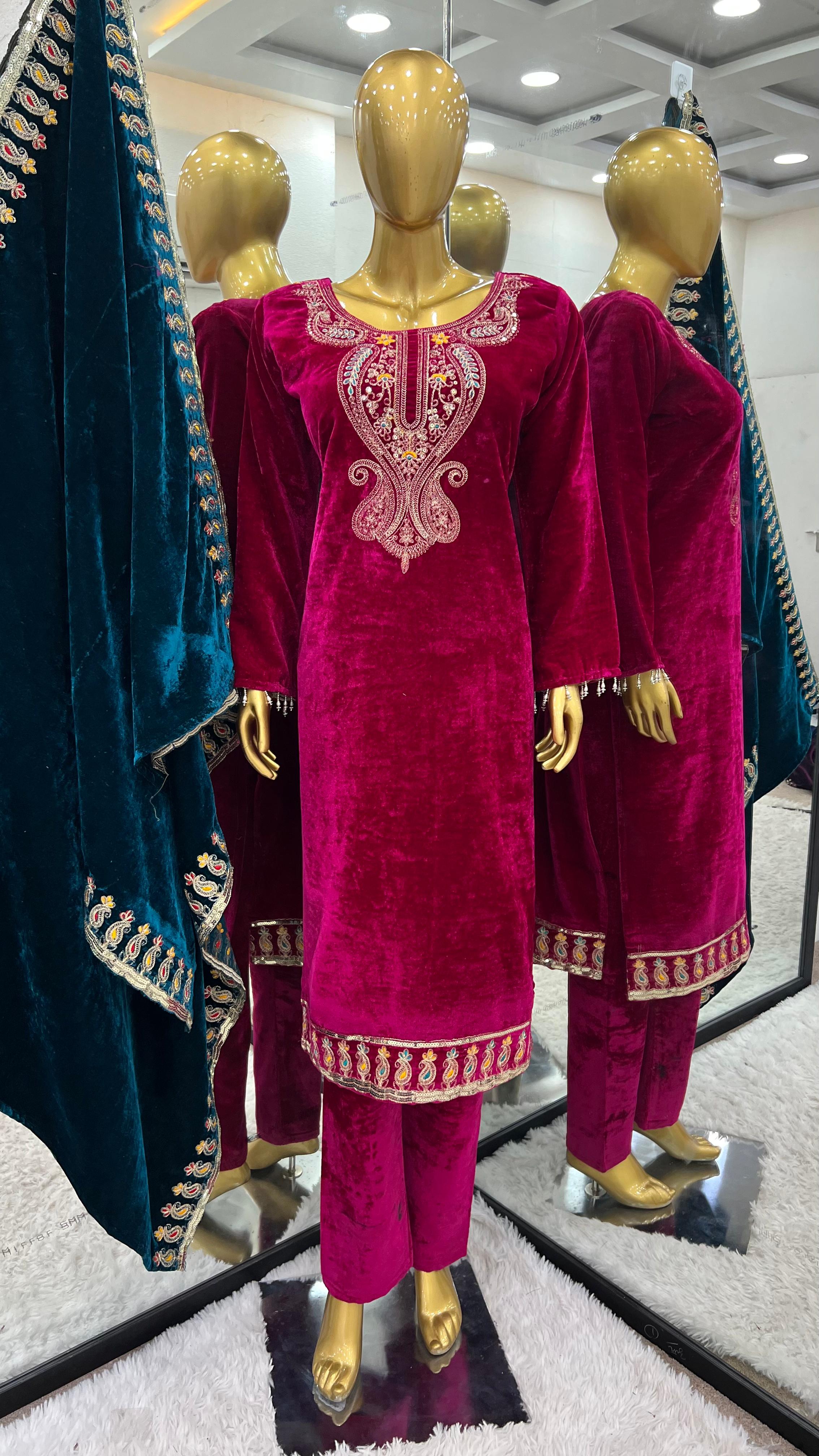 Hot Pink Viscose Velvet Plazzo Suit