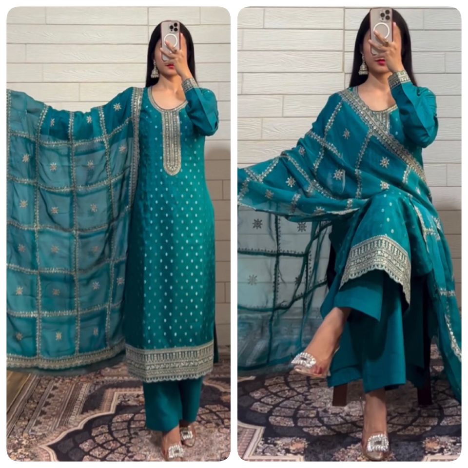 Blue Chinon Silk Embroidery Suit with Pant & Dupatta