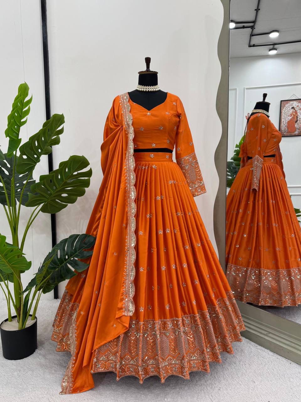 Orange Satin Silk Lehenga Set