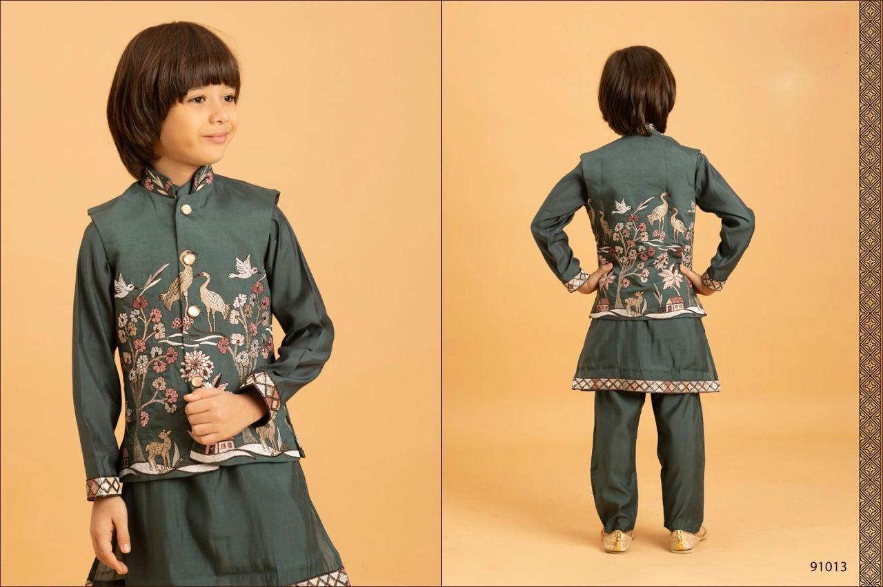 Boys Kurta Pajama with Embroidery Koti Set