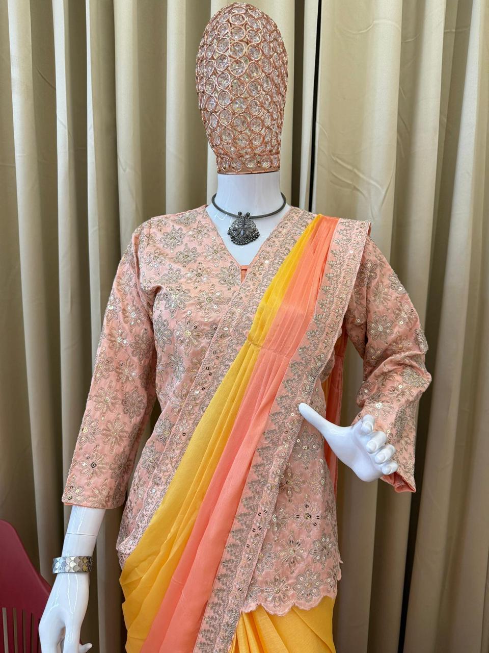 Yellow Indo-Western Drape Saree with Embroidered Koti