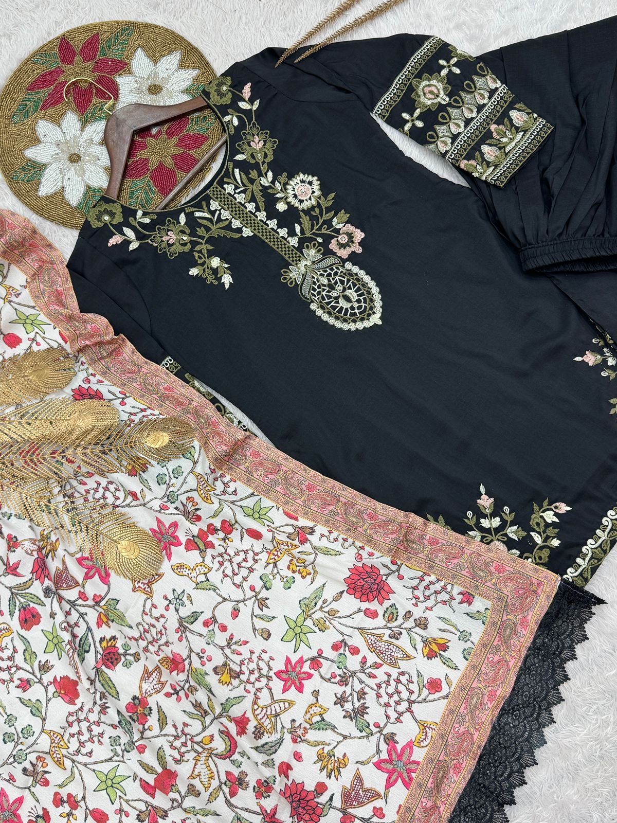 Black Maska Cotton Embroidered Kurti Plazzo Set with Printed Dupatta