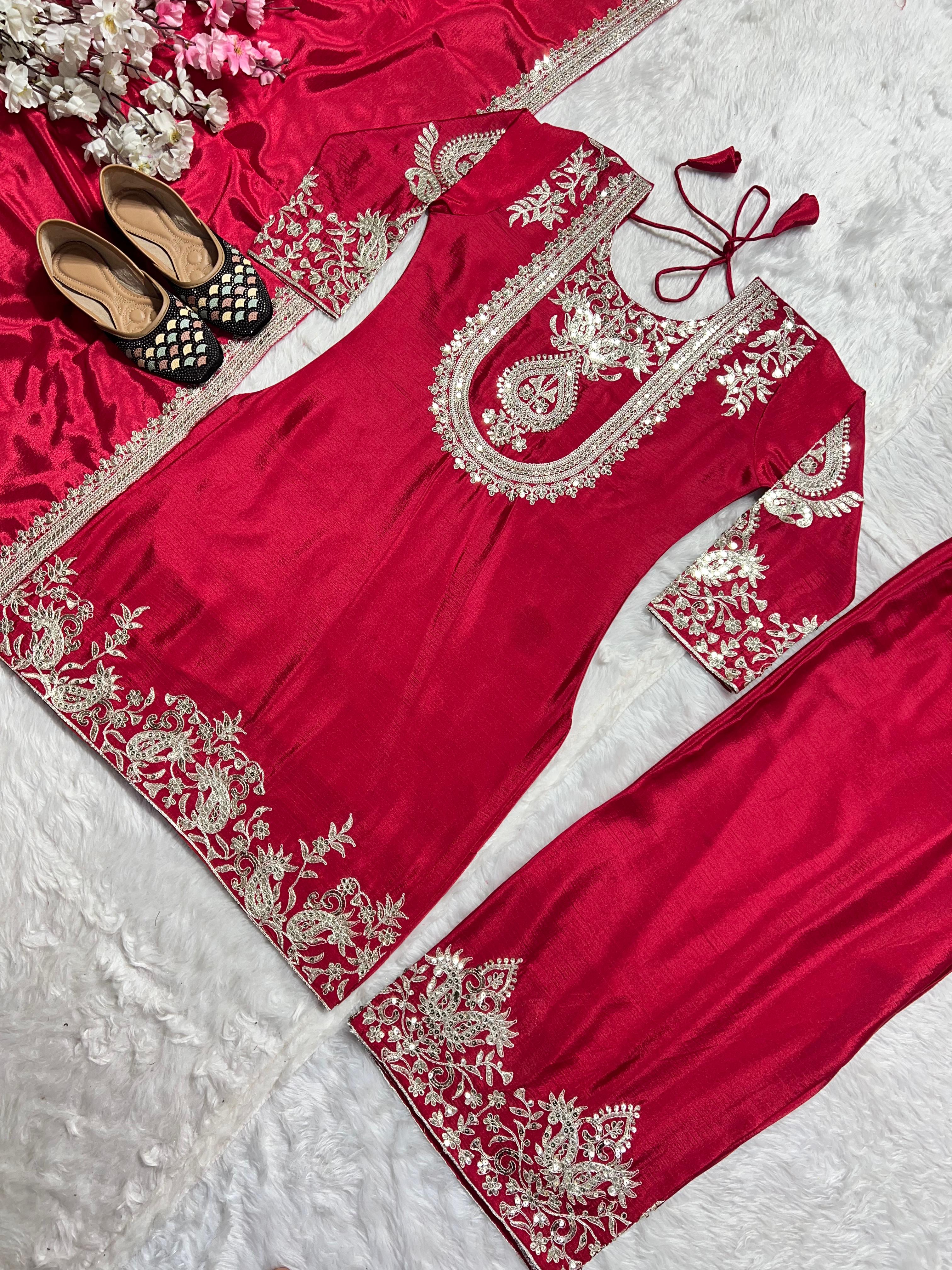 Chinon Silk Sharara Suit with Embroidery Work