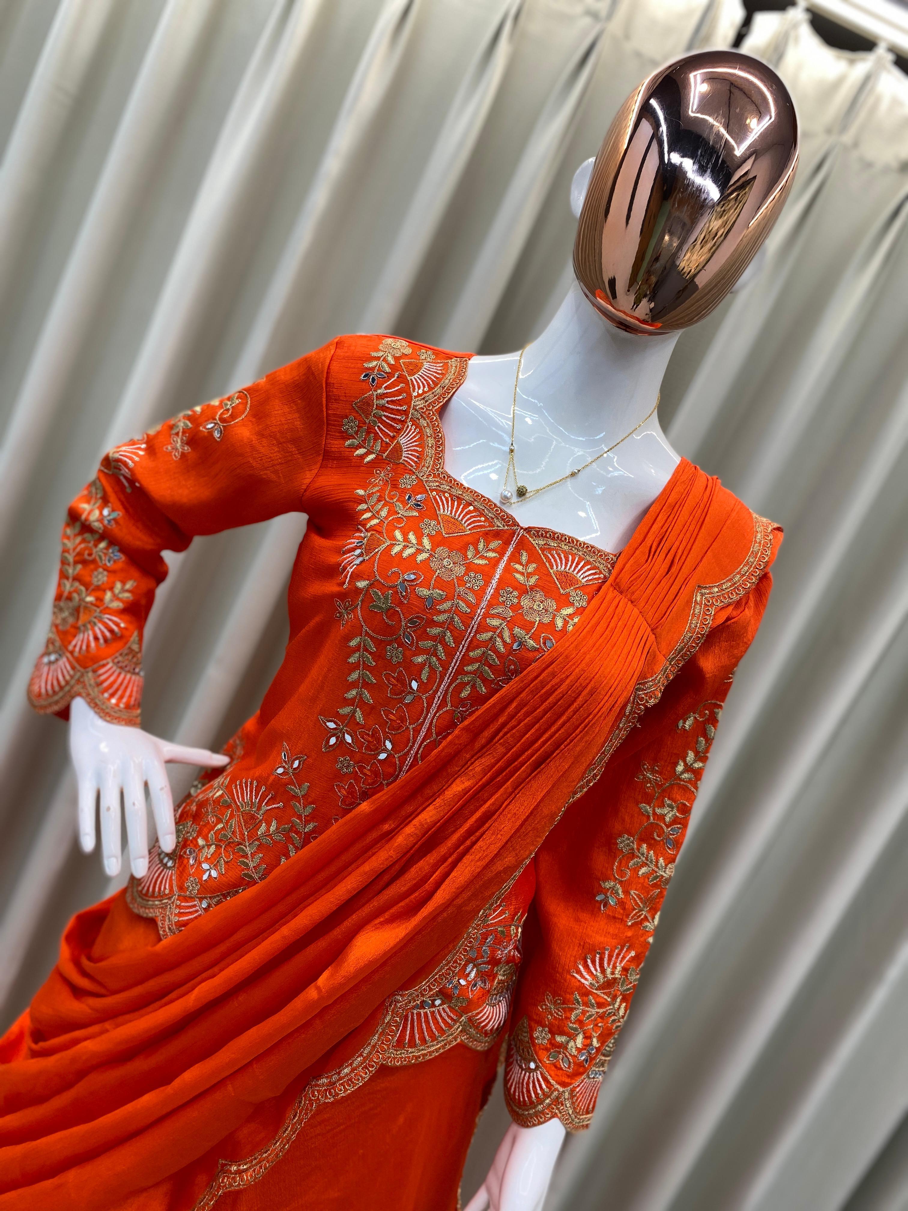 Orange Elegant Chinon Lehenga Saree with Long Blouse & Embroidered Border