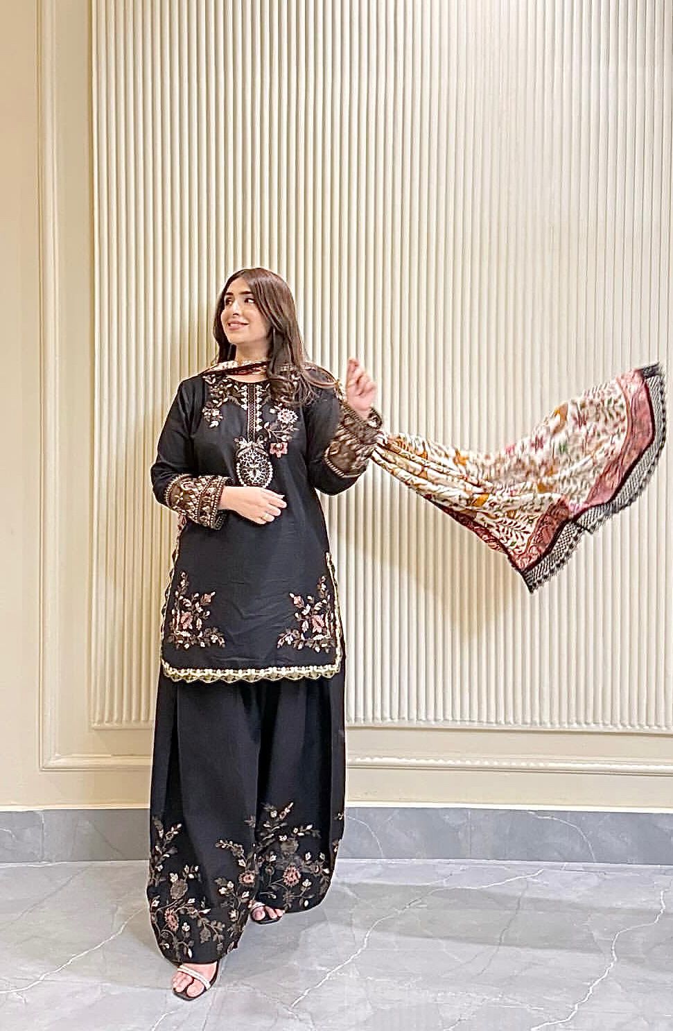 Black Maska Cotton Embroidered Kurti Plazzo Set with Printed Dupatta