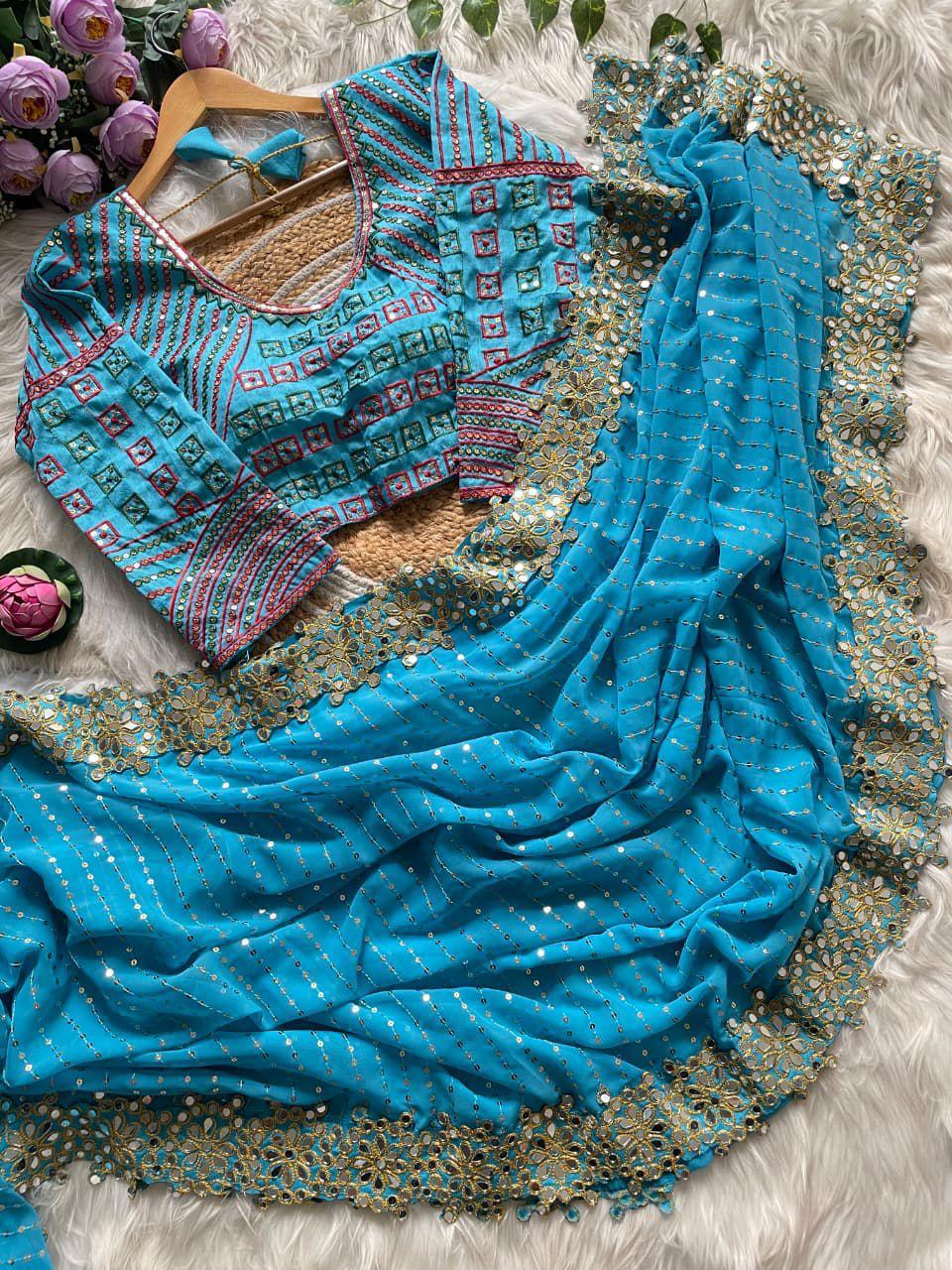 Bollywood Blockbuster Original Mirror Design Saree with Stitched Blouse