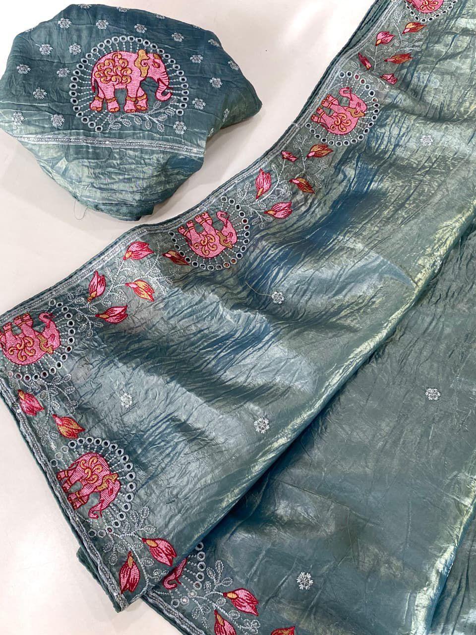 Pure crush silk saree with Embroidery Work