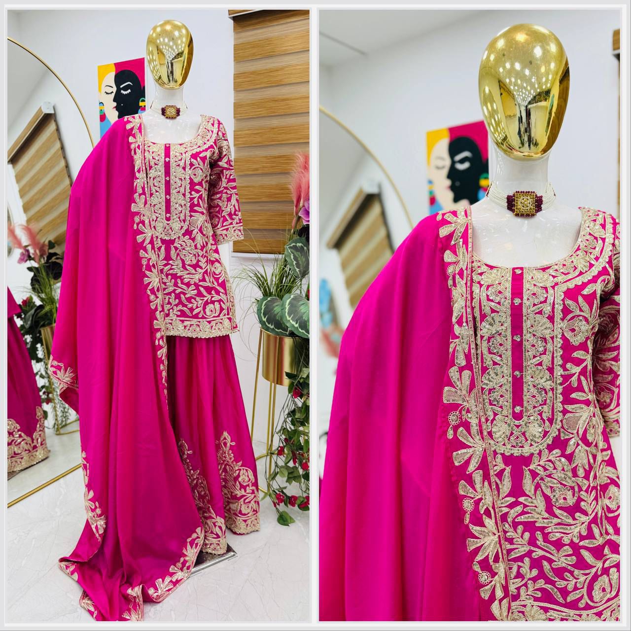Designer Chinon Silk Sharara Set with Sequin Embroidery & Dupatta