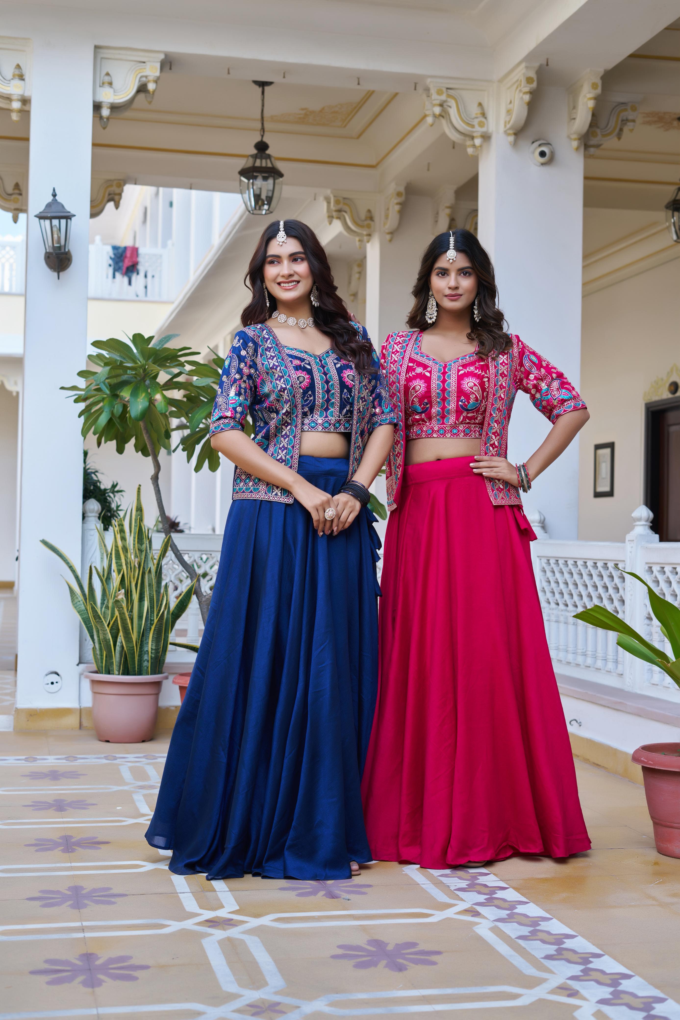 Vichitra Lehenga Choli with embroidered Koti Jacket
