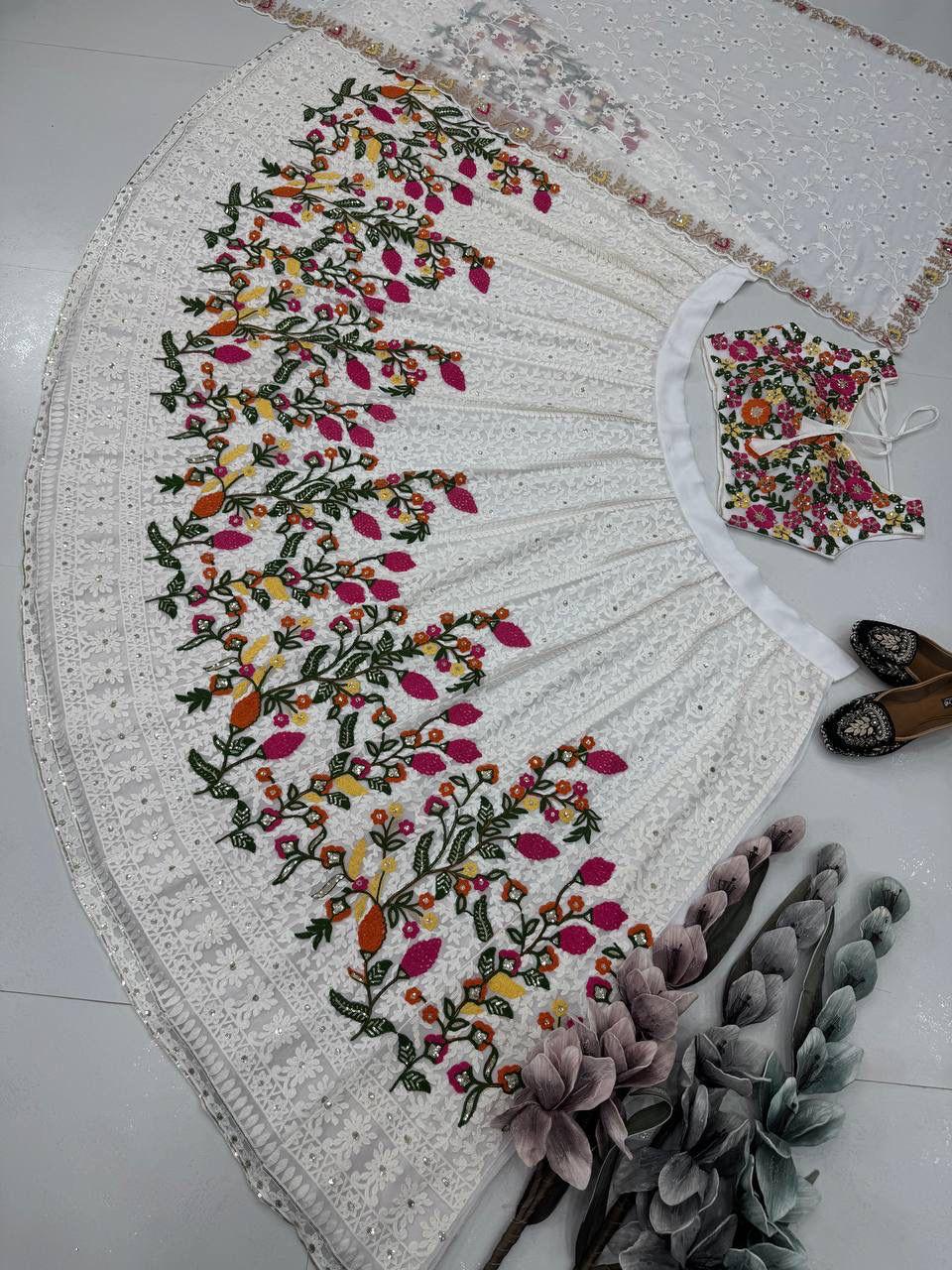 White Heavy Faux Georgette Chine Sequin Work Lehenga Set