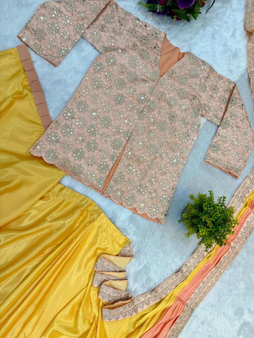 Yellow Indo-Western Drape Saree with Embroidered Koti