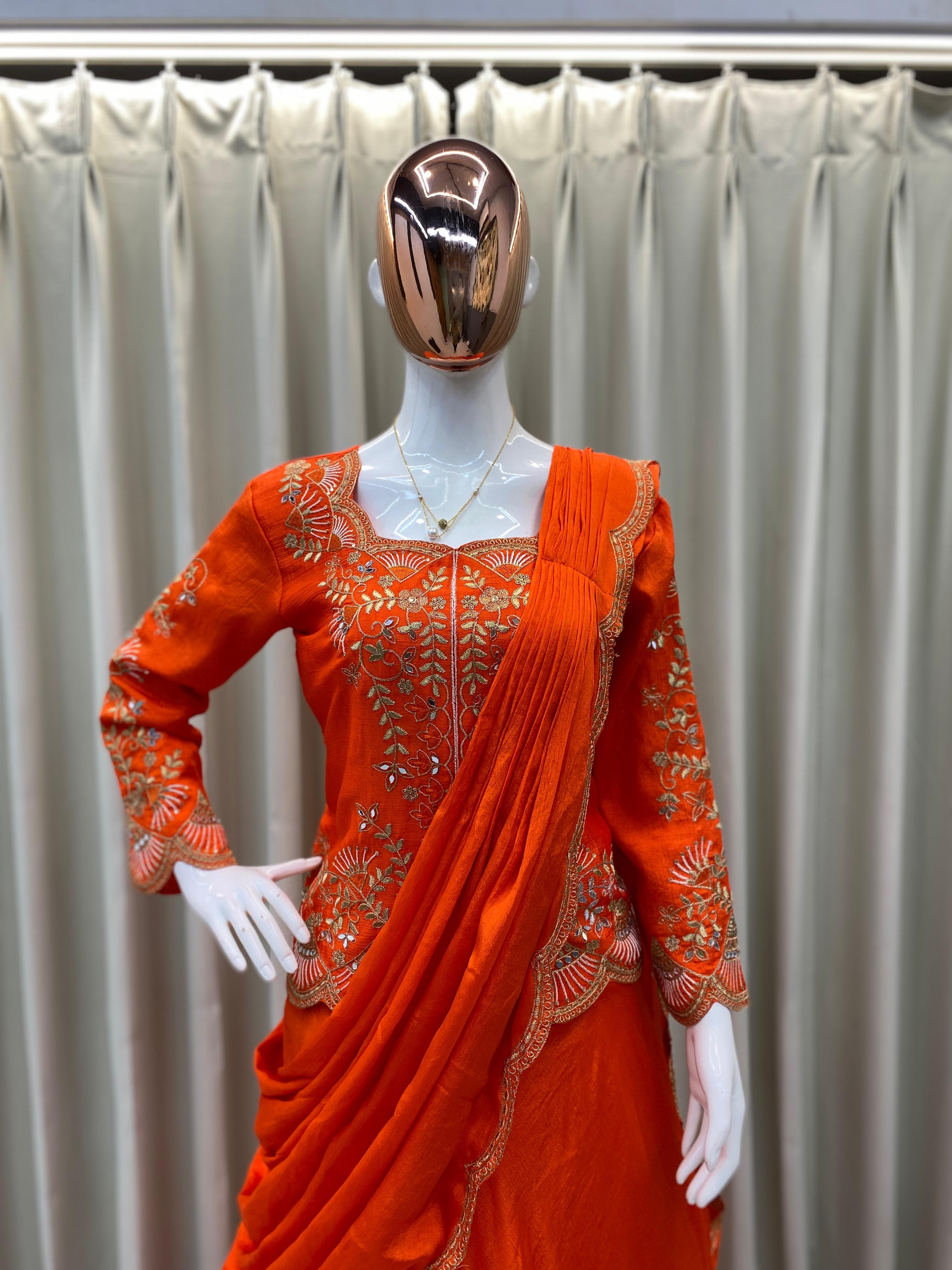 Orange Elegant Chinon Lehenga Saree with Long Blouse & Embroidered Border