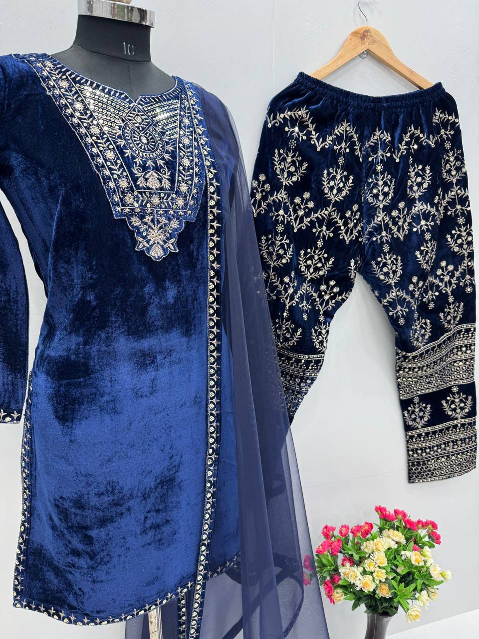 Blue Heavy Viscose Velvet Embroidered Top & Palazzo Set