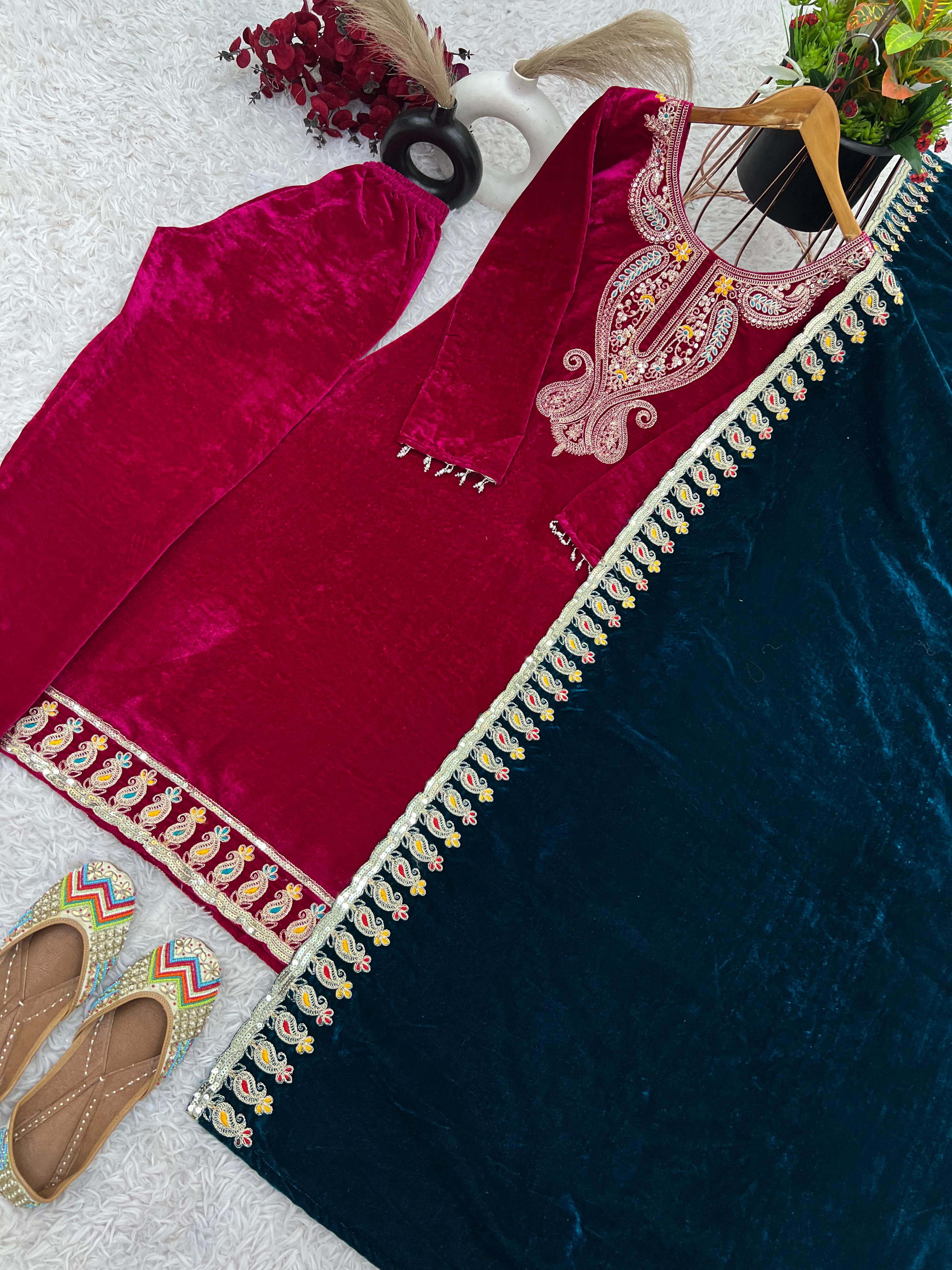 Hot Pink Viscose Velvet Plazzo Suit