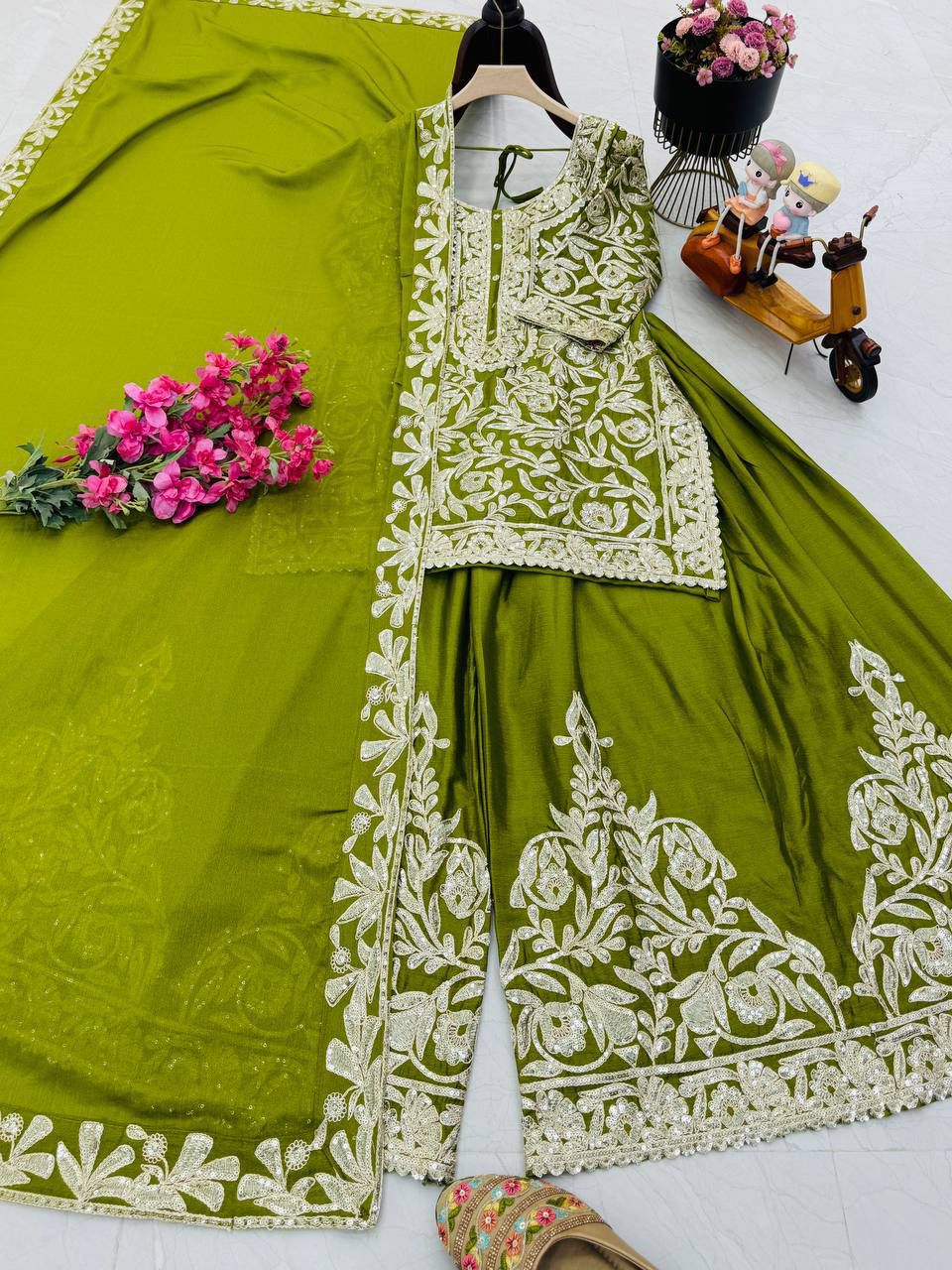 Designer Chinon Silk Sharara Set with Sequin Embroidery & Dupatta
