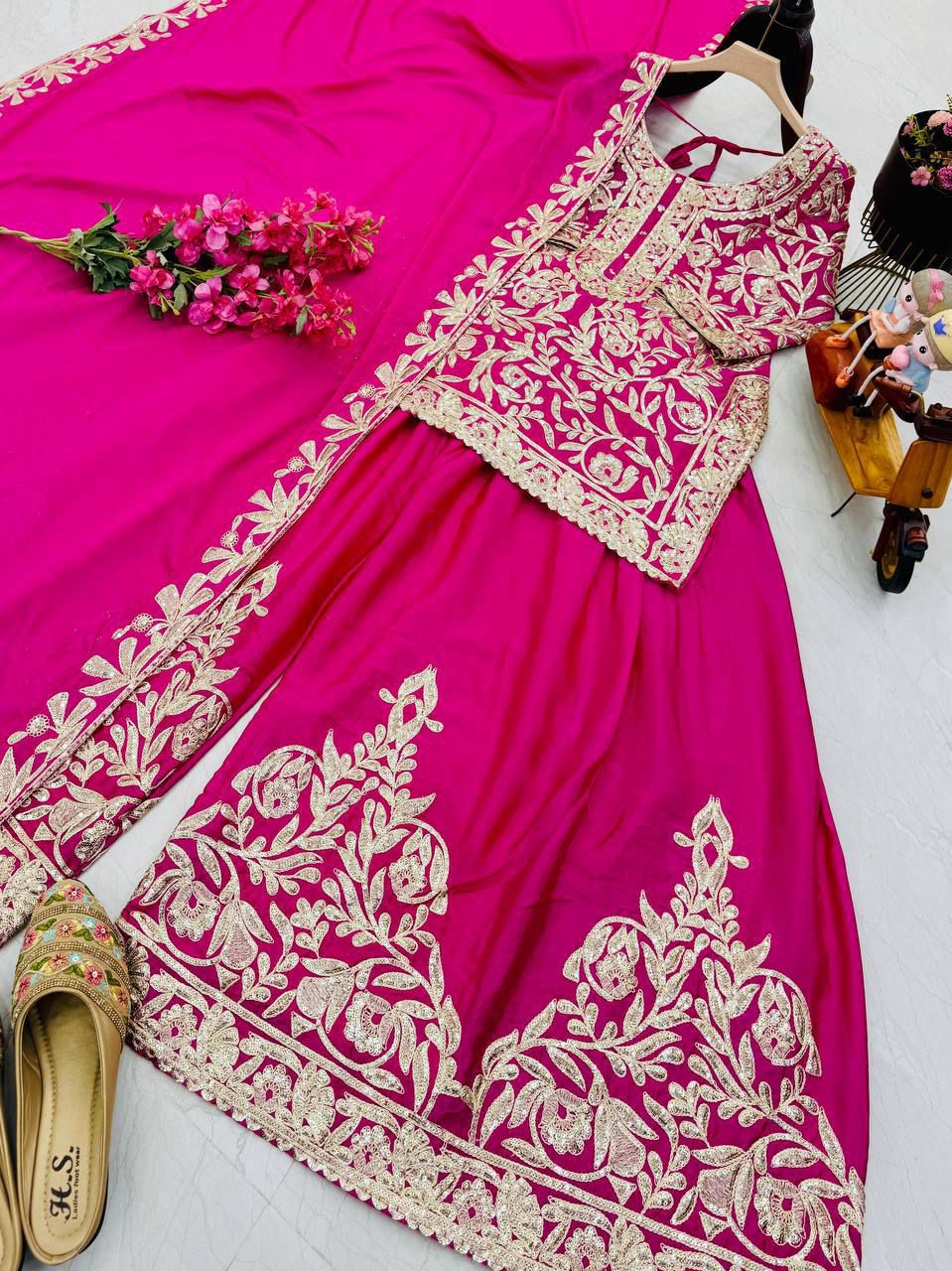 Designer Chinon Silk Sharara Set with Sequin Embroidery & Dupatta