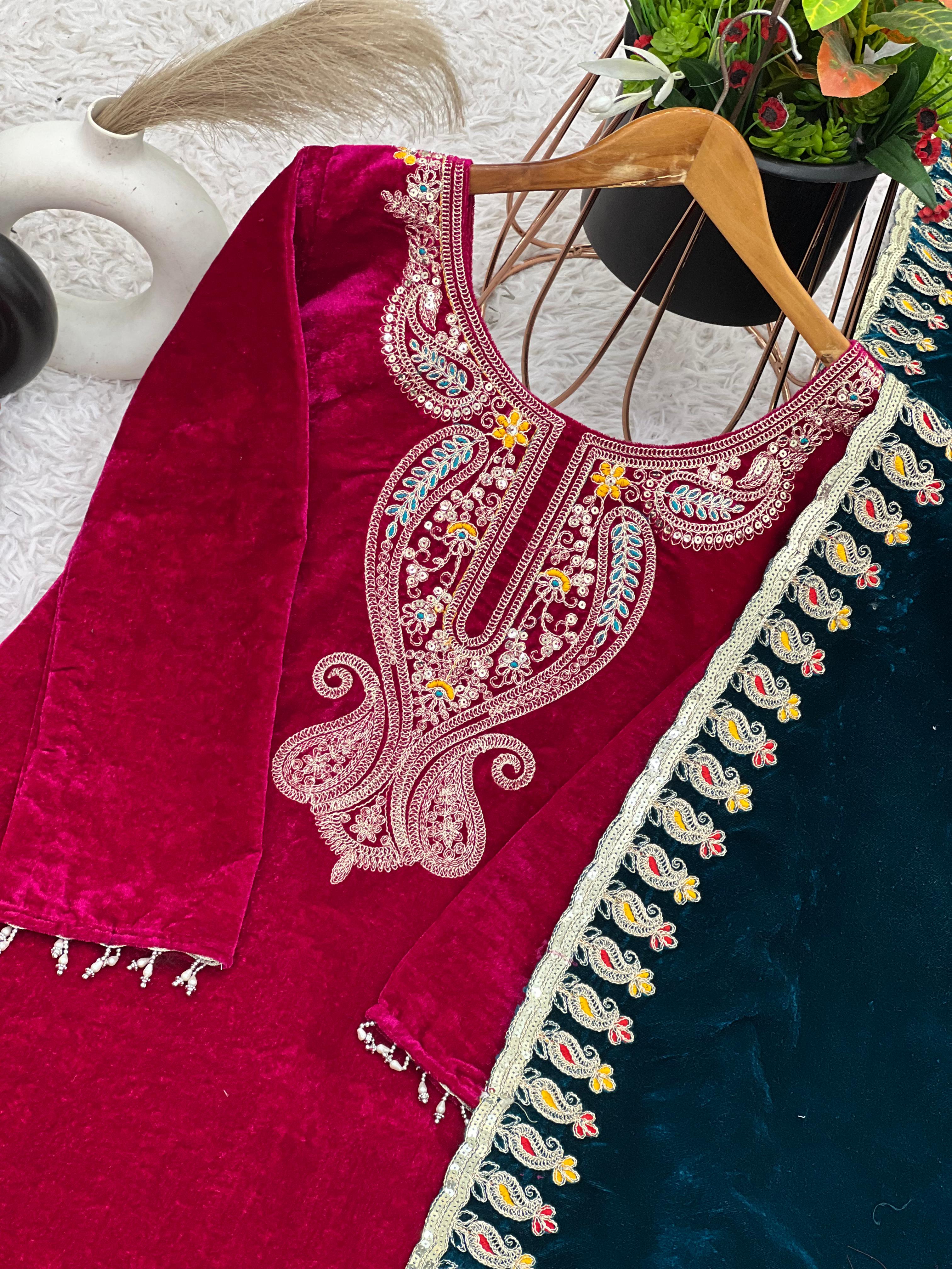 Hot Pink Viscose Velvet Plazzo Suit