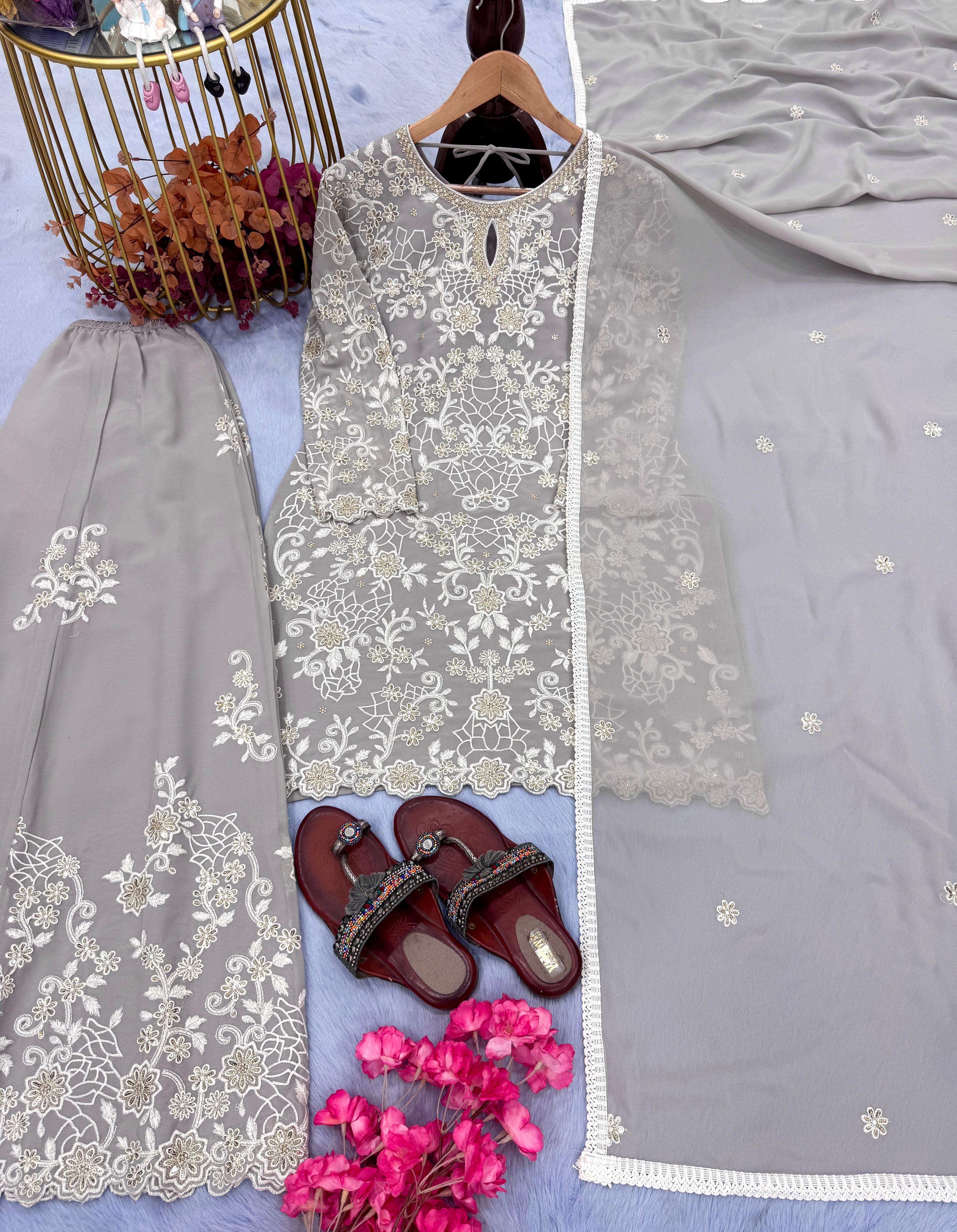 Faux Georgette Embroidery Plazzo Suits
