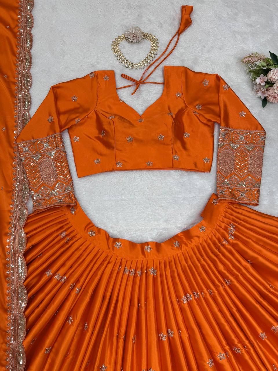 Orange Satin Silk Lehenga Set