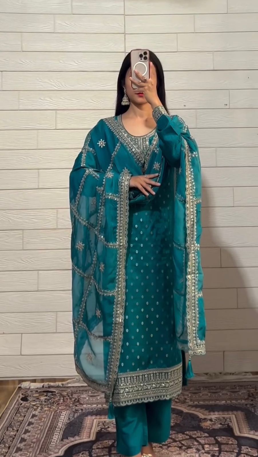 Blue Chinon Silk Embroidery Suit with Pant & Dupatta