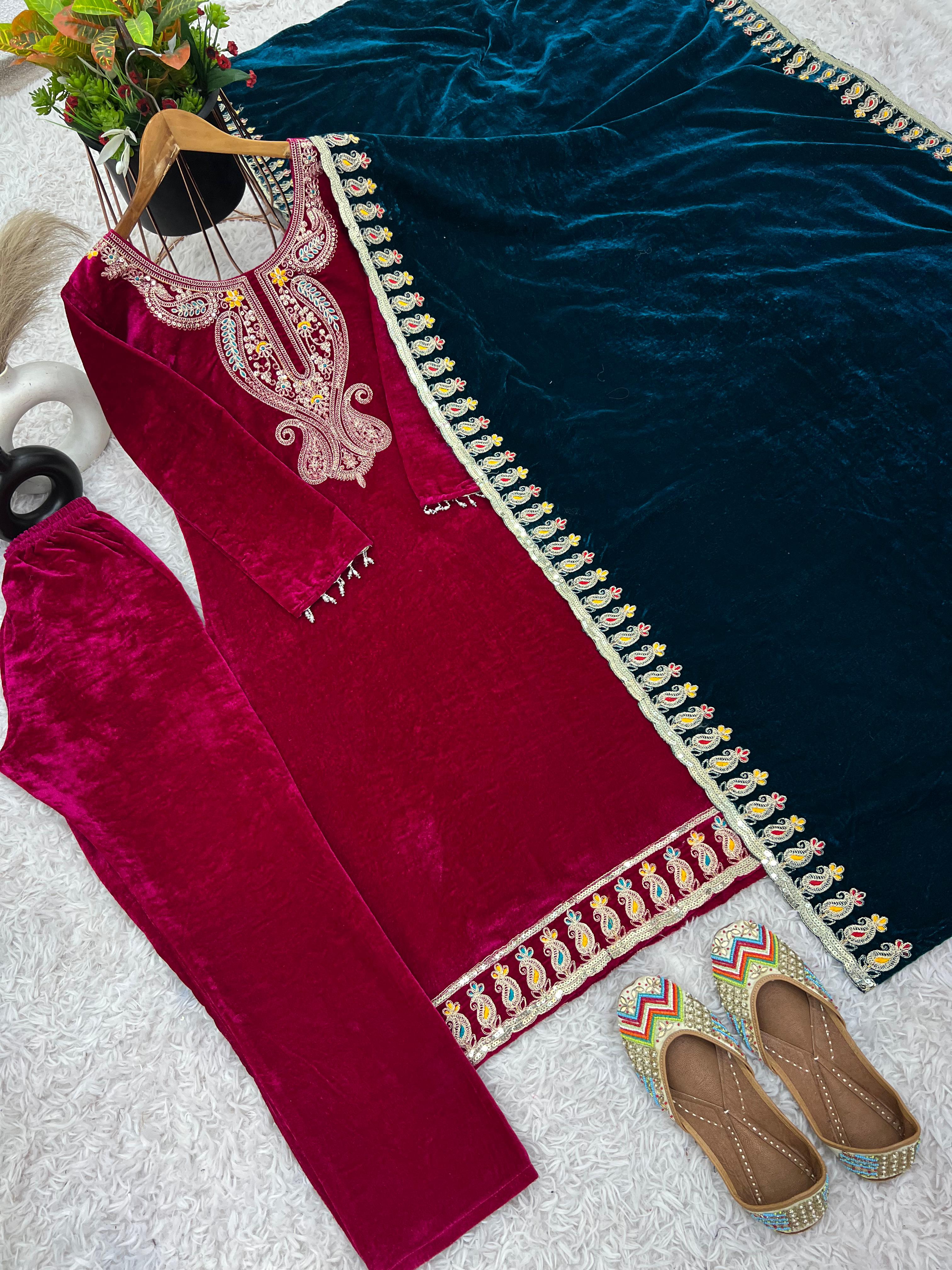 Hot Pink Viscose Velvet Plazzo Suit