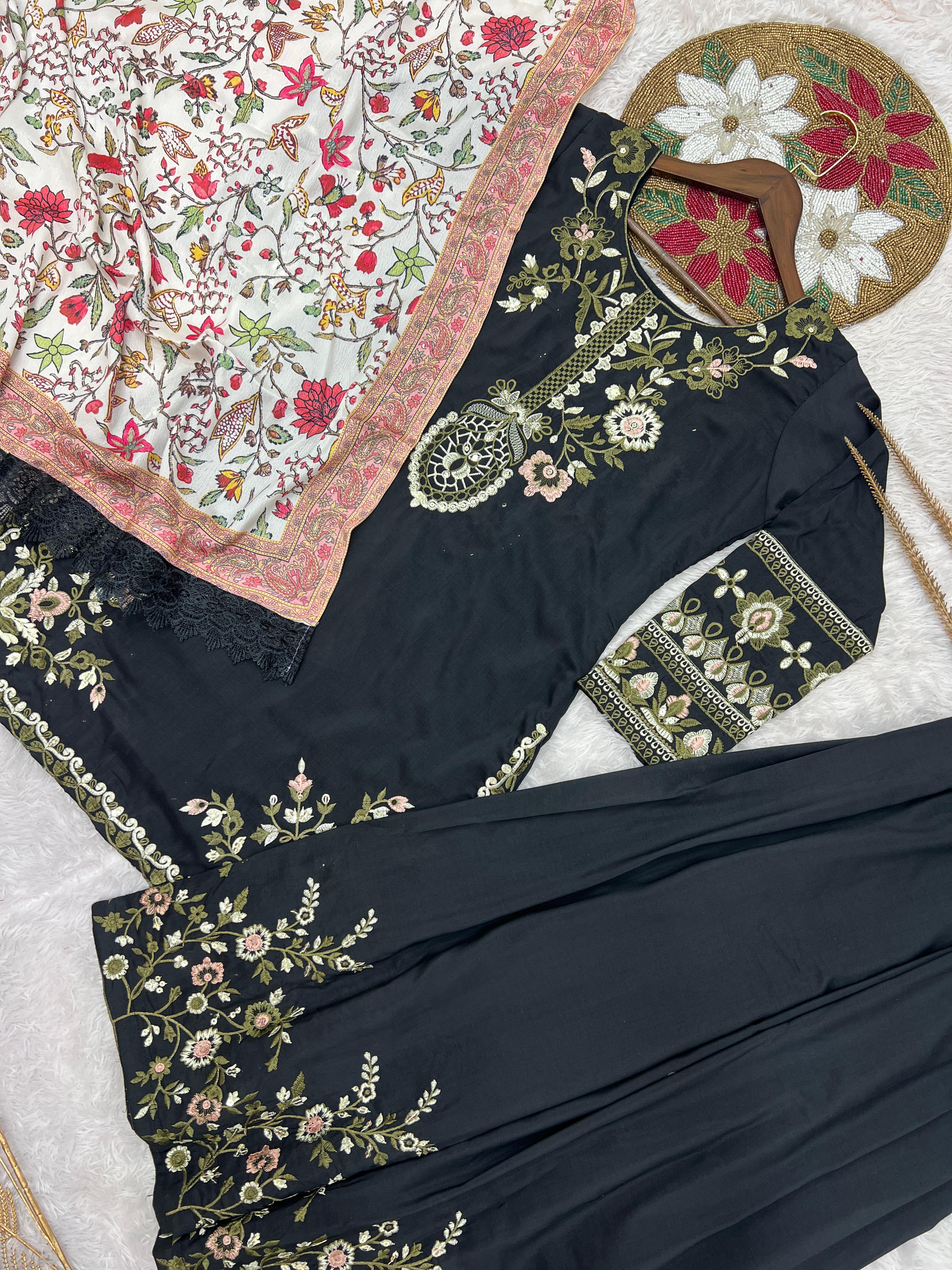 Black Maska Cotton Embroidered Kurti Plazzo Set with Printed Dupatta