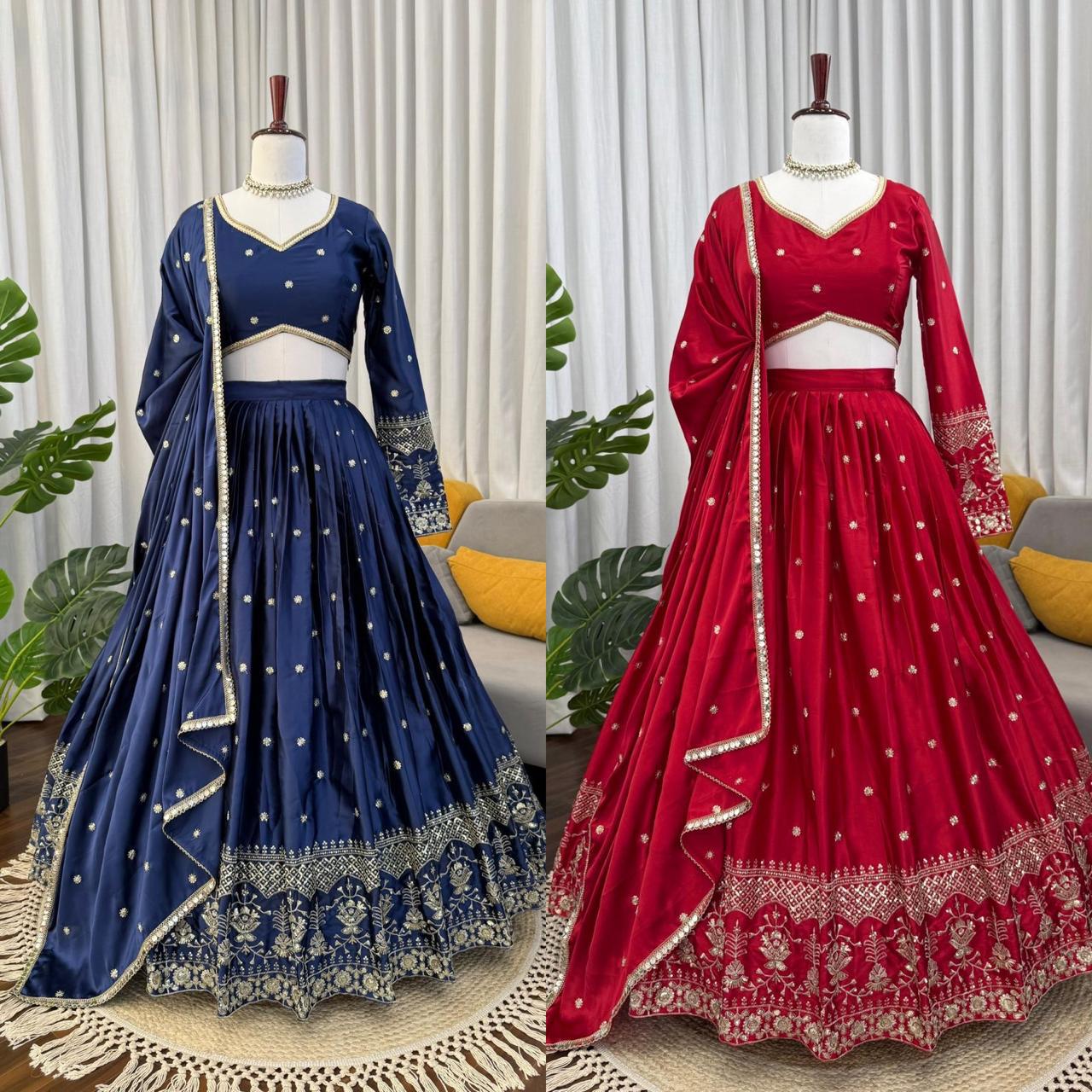 Designer Party Wear Japan Satin Lehenga with Thread & Sequin Work