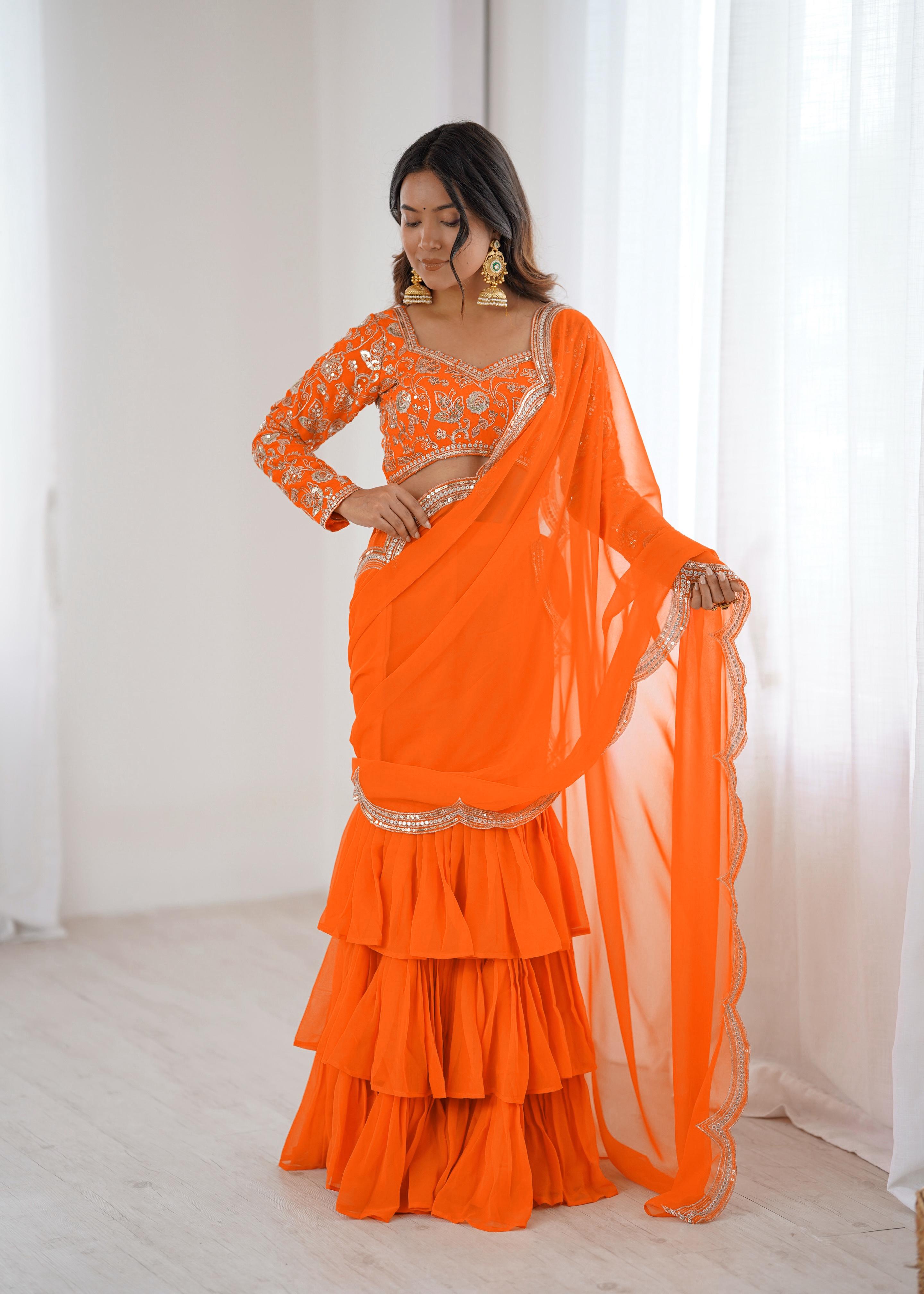 Orange Faux Georgette Ruffle Saree with Sequin Embroidery
