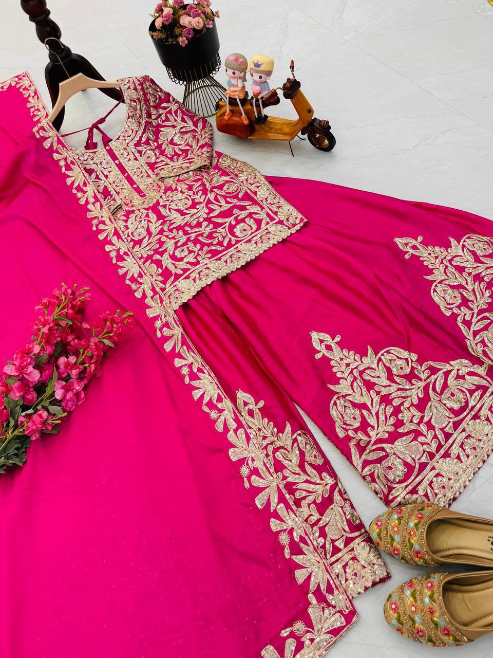 Designer Chinon Silk Sharara Set with Sequin Embroidery & Dupatta