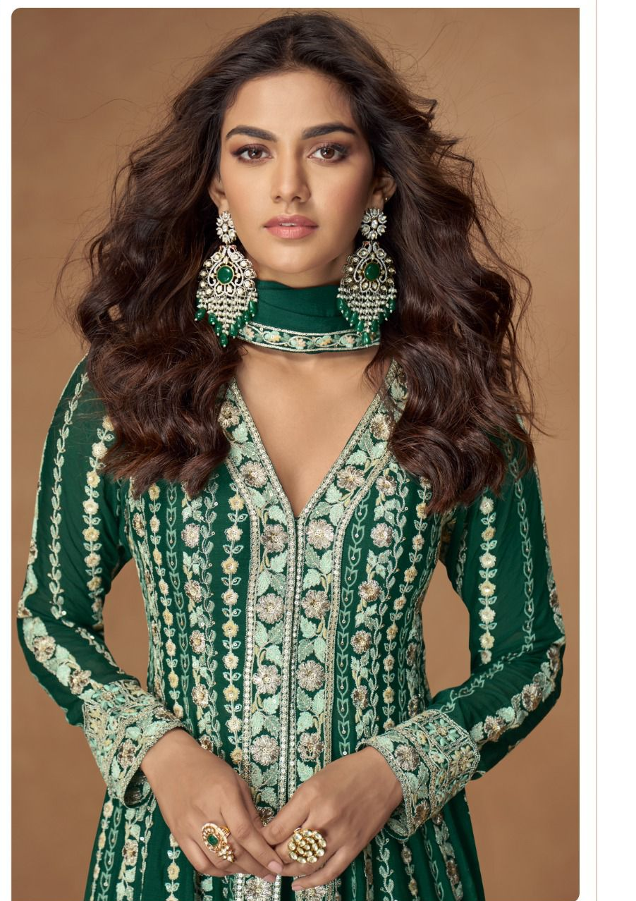 Green Chinon Silk Embroidery Indo western Set