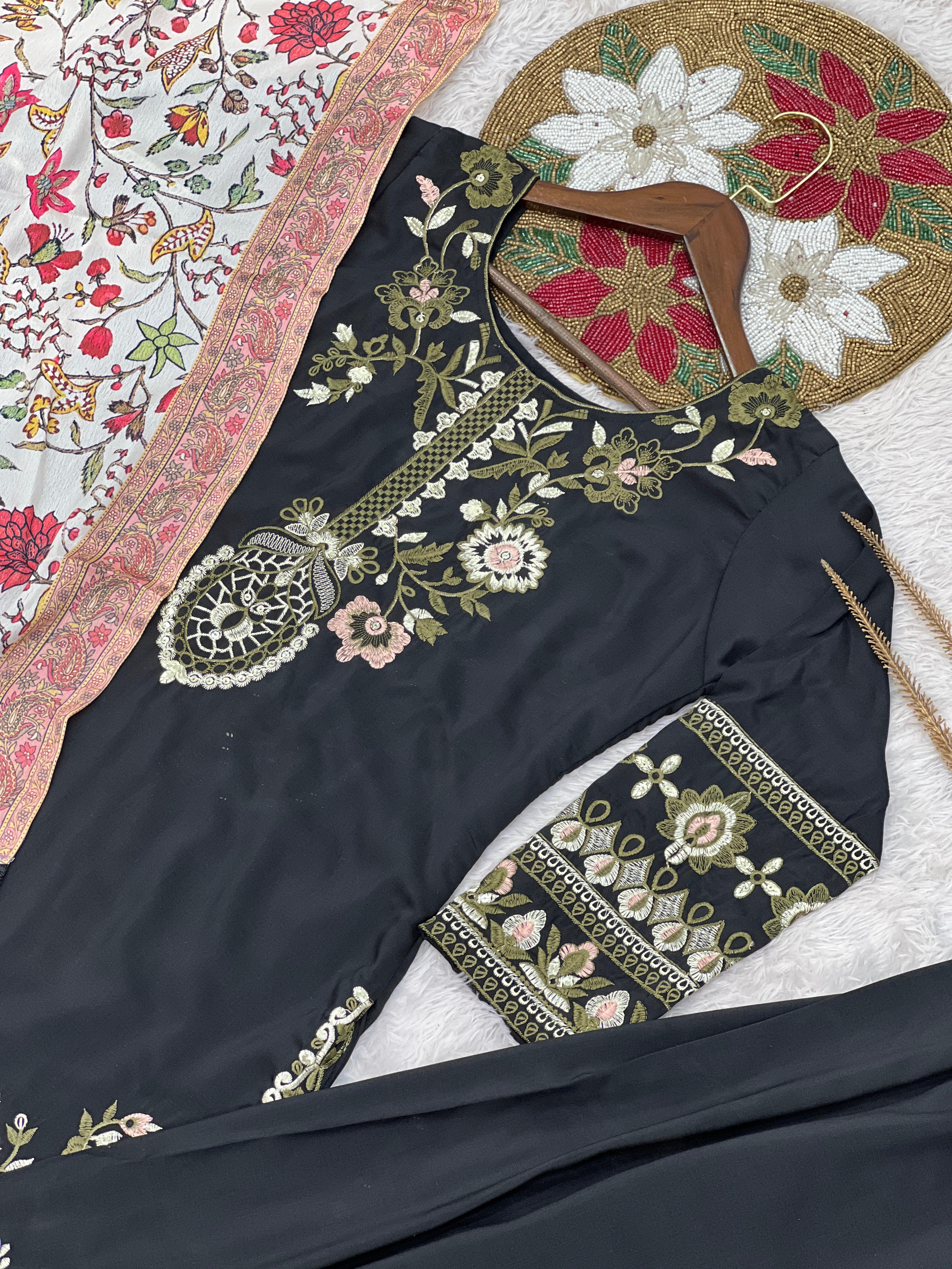 Black Maska Cotton Embroidered Kurti Plazzo Set with Printed Dupatta