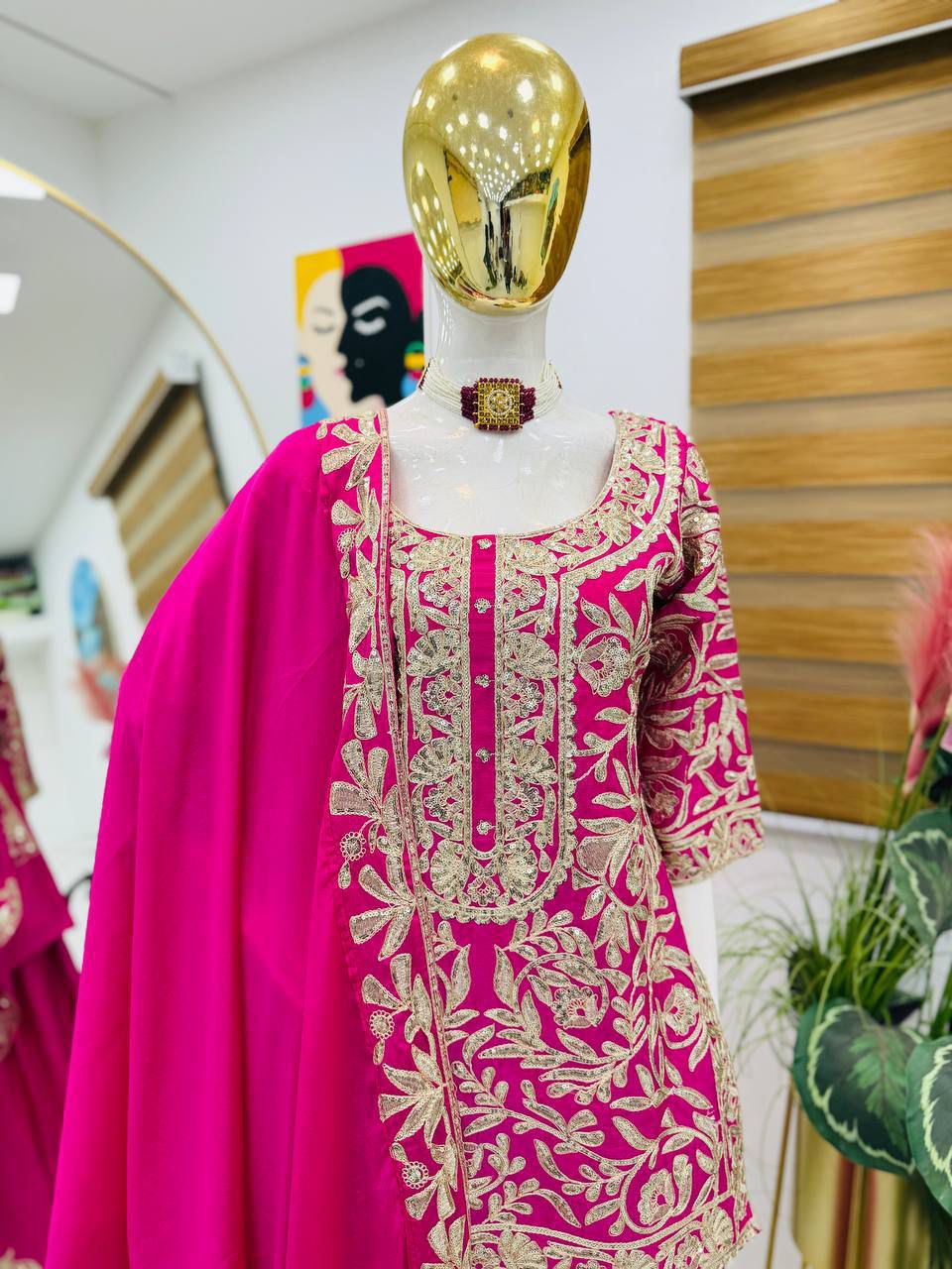 Designer Chinon Silk Sharara Set with Sequin Embroidery & Dupatta