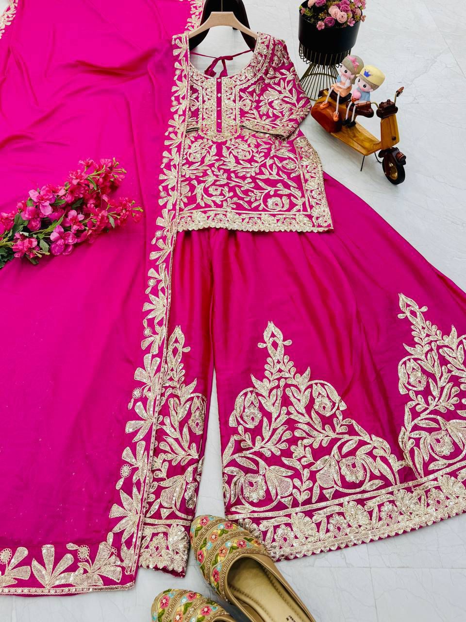 Designer Chinon Silk Sharara Set with Sequin Embroidery & Dupatta