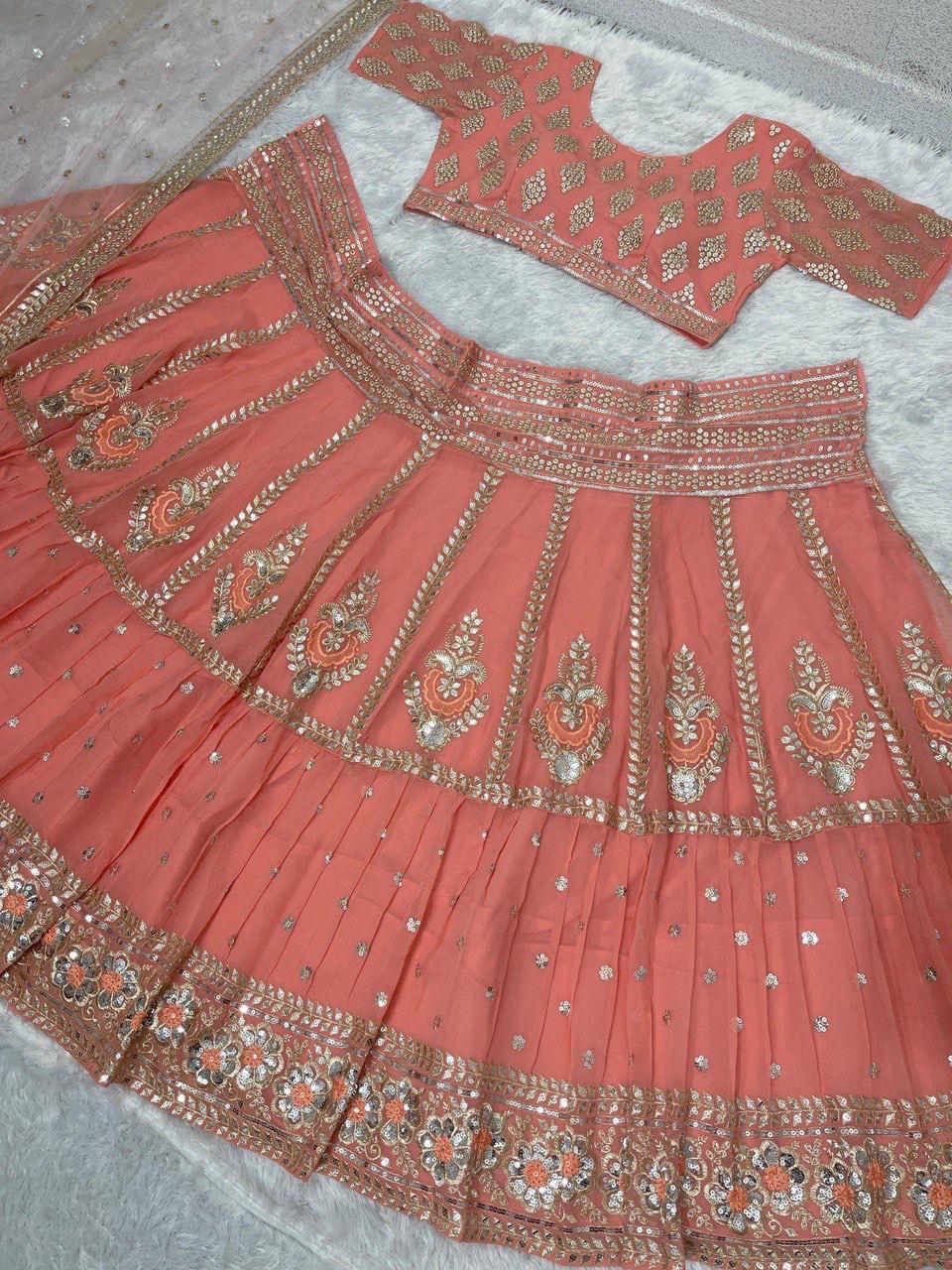 Peachy Pink Heavy Faux Georgette Embroidered Sequin Work Lehenga Set
