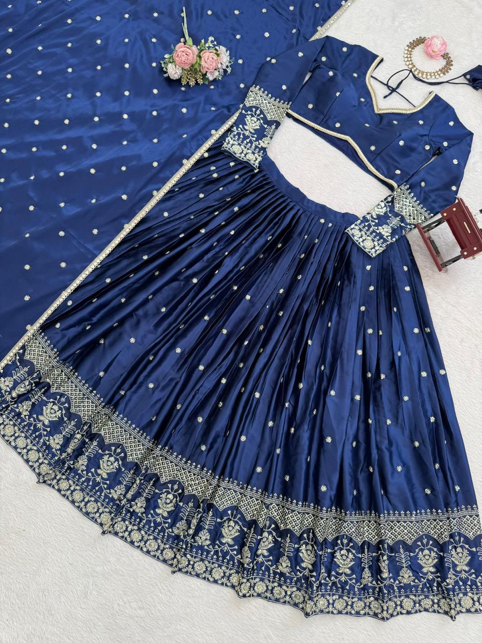 Designer Party Wear Japan Satin Lehenga with Thread & Sequin Work