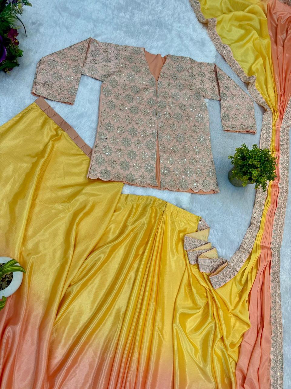 Yellow Indo-Western Drape Saree with Embroidered Koti