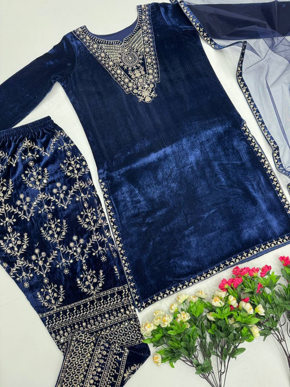 Blue Heavy Viscose Velvet Embroidered Top & Palazzo Set