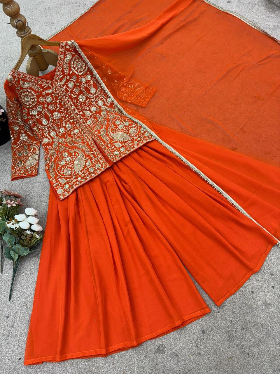 Faux Georgette Embroidery Sequin Palazzo Set